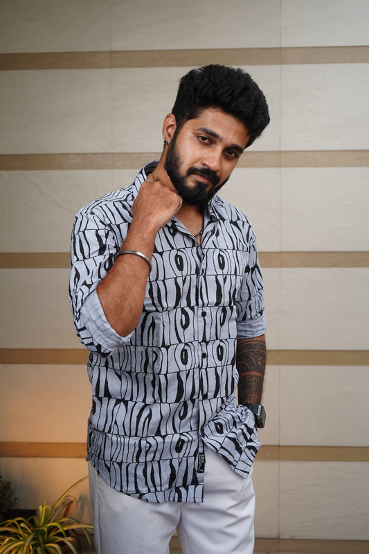 Frosted Blue Printed Linen Blend Shirt