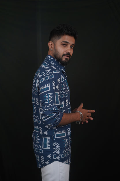 Sea Blue Rayon Printed Shirt