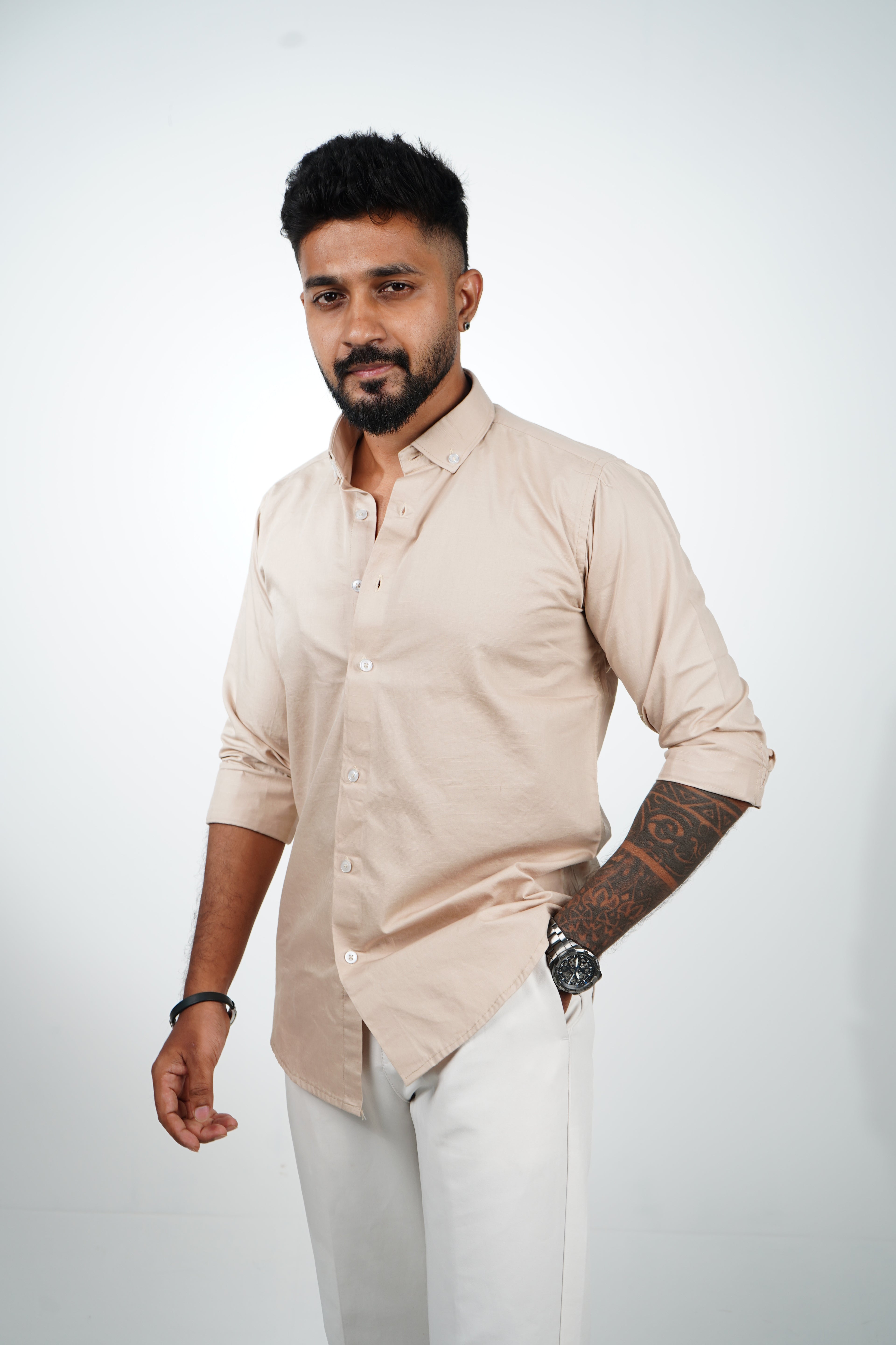Almond Beige Vintage Linen Blend Shirt
