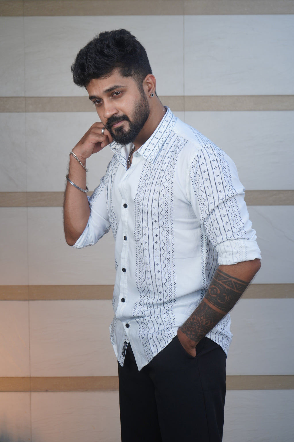 White Geometrical Rayon Printed Shirt