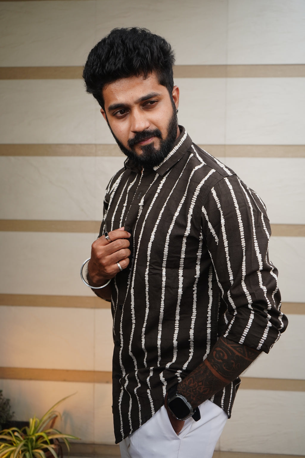 Espresso Brown Stich Stripe Printed Linen Blend Shirt