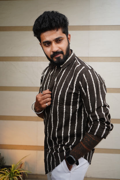 Espresso Brown Stich Stripe Printed Linen Blend Shirt