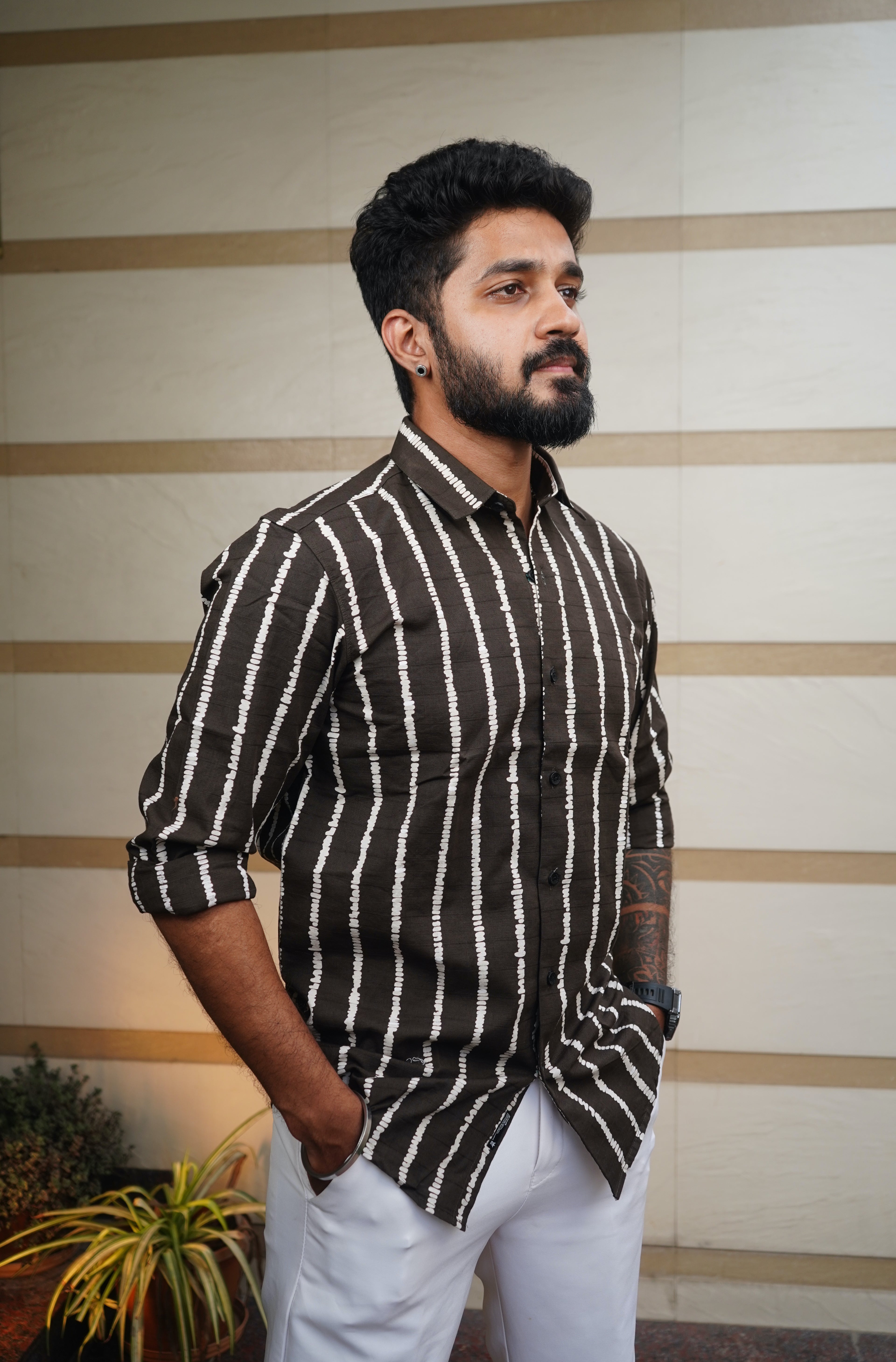 Espresso Brown Stich Stripe Printed Linen Blend Shirt
