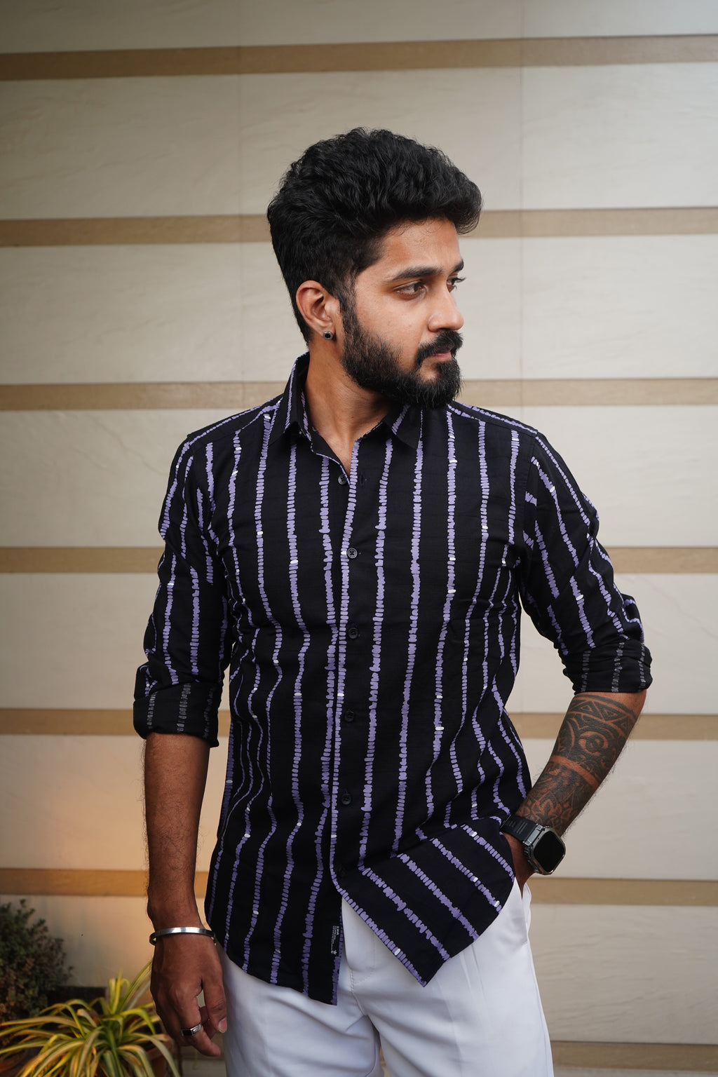 Black Stich Stripe Printed Linen Blend Shirt
