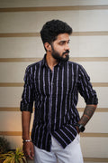 Black Stich Stripe Printed Linen Blend Shirt