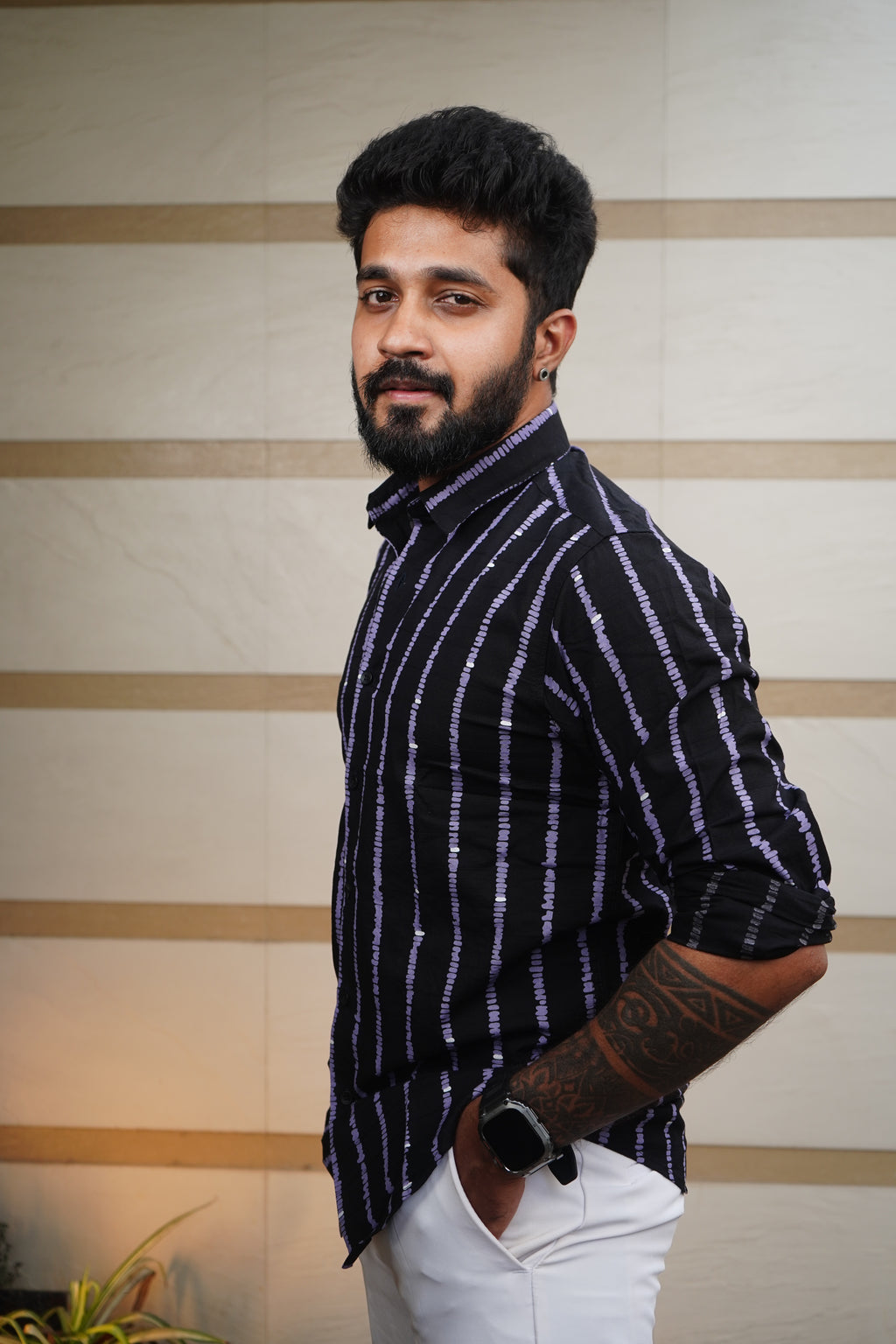 Black Stich Stripe Printed Linen Blend Shirt