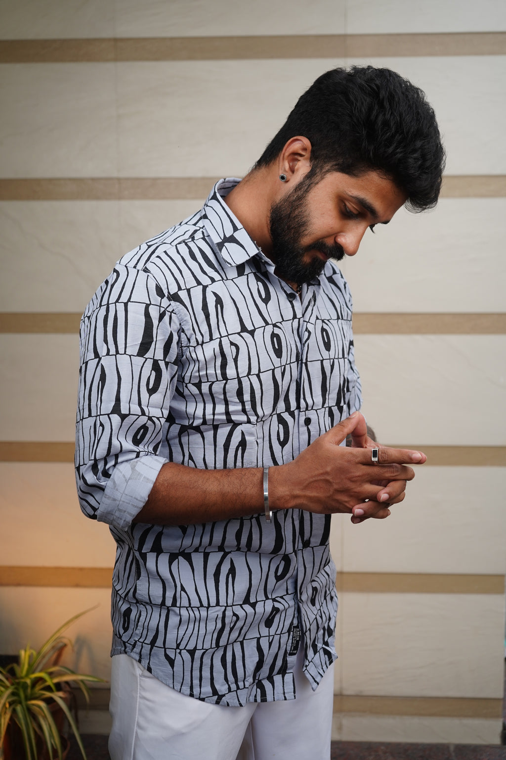 Frosted Blue Printed Linen Blend Shirt