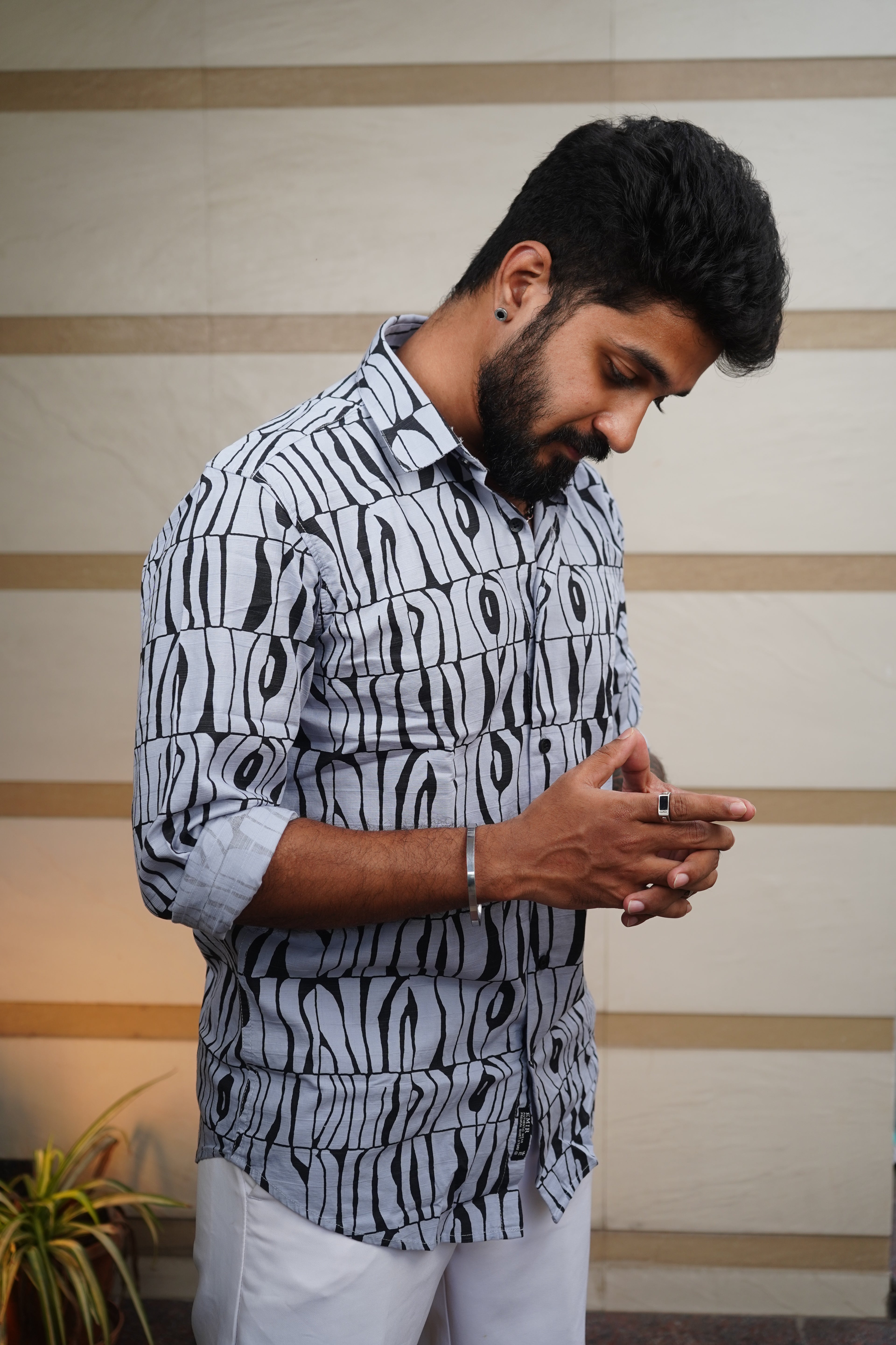 Frosted Blue Printed Linen Blend Shirt