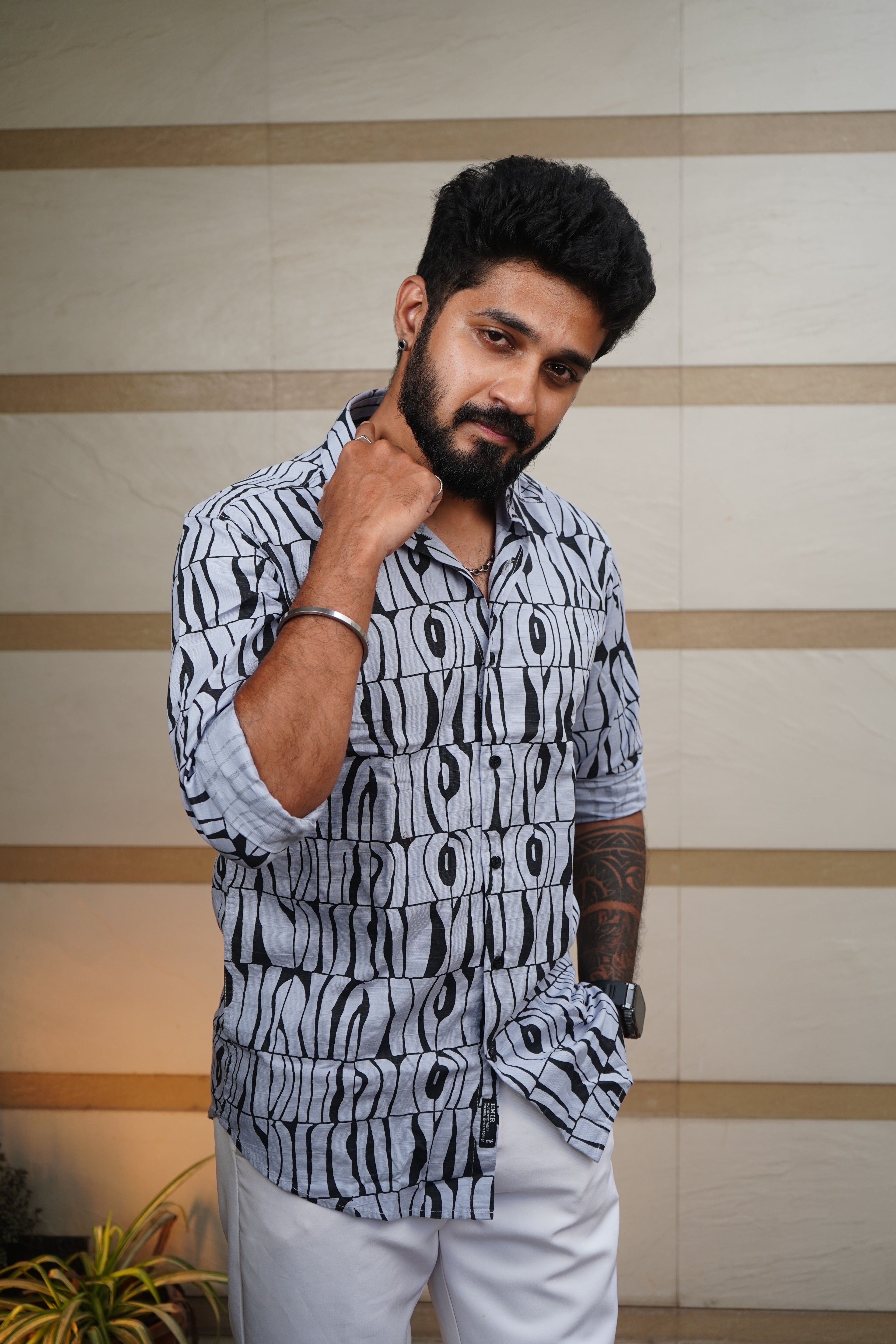 Frosted Blue Printed Linen Blend Shirt