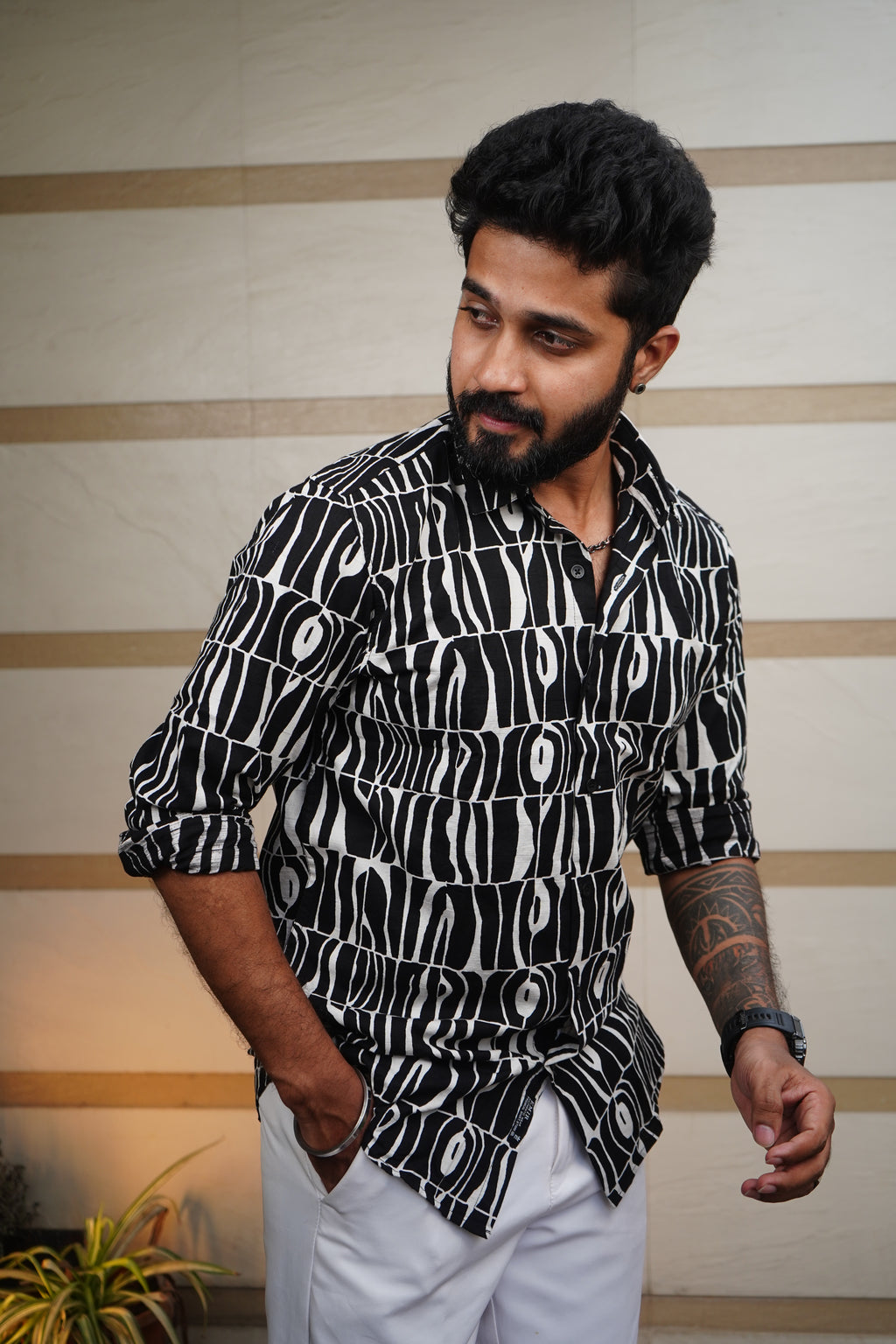Monochrome Printed Linen Blend Shirt