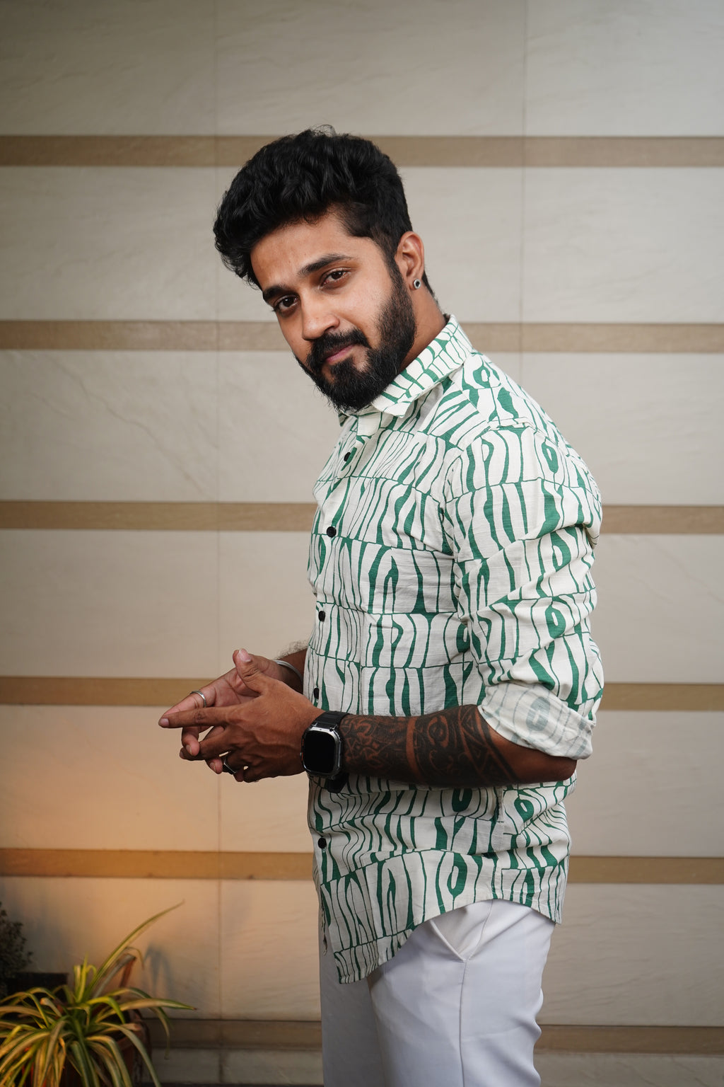 Emerald Green Printed Linen Blend Shirt