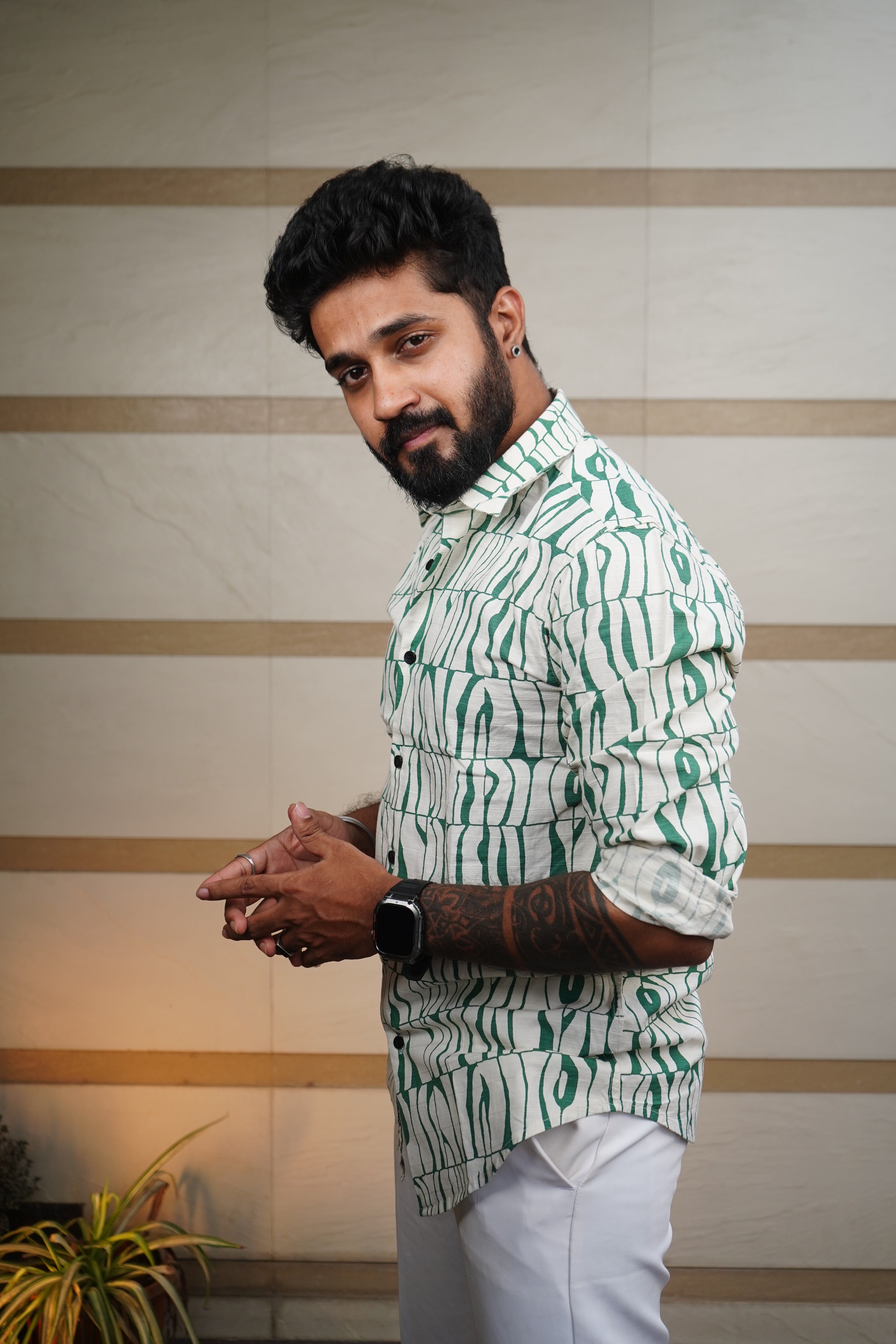 Emerald Green Printed Linen Blend Shirt