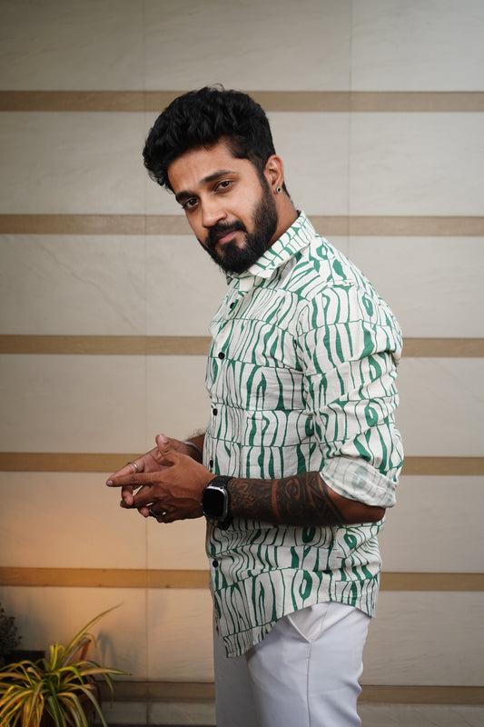 Emerald Green Printed Linen Blend Shirt