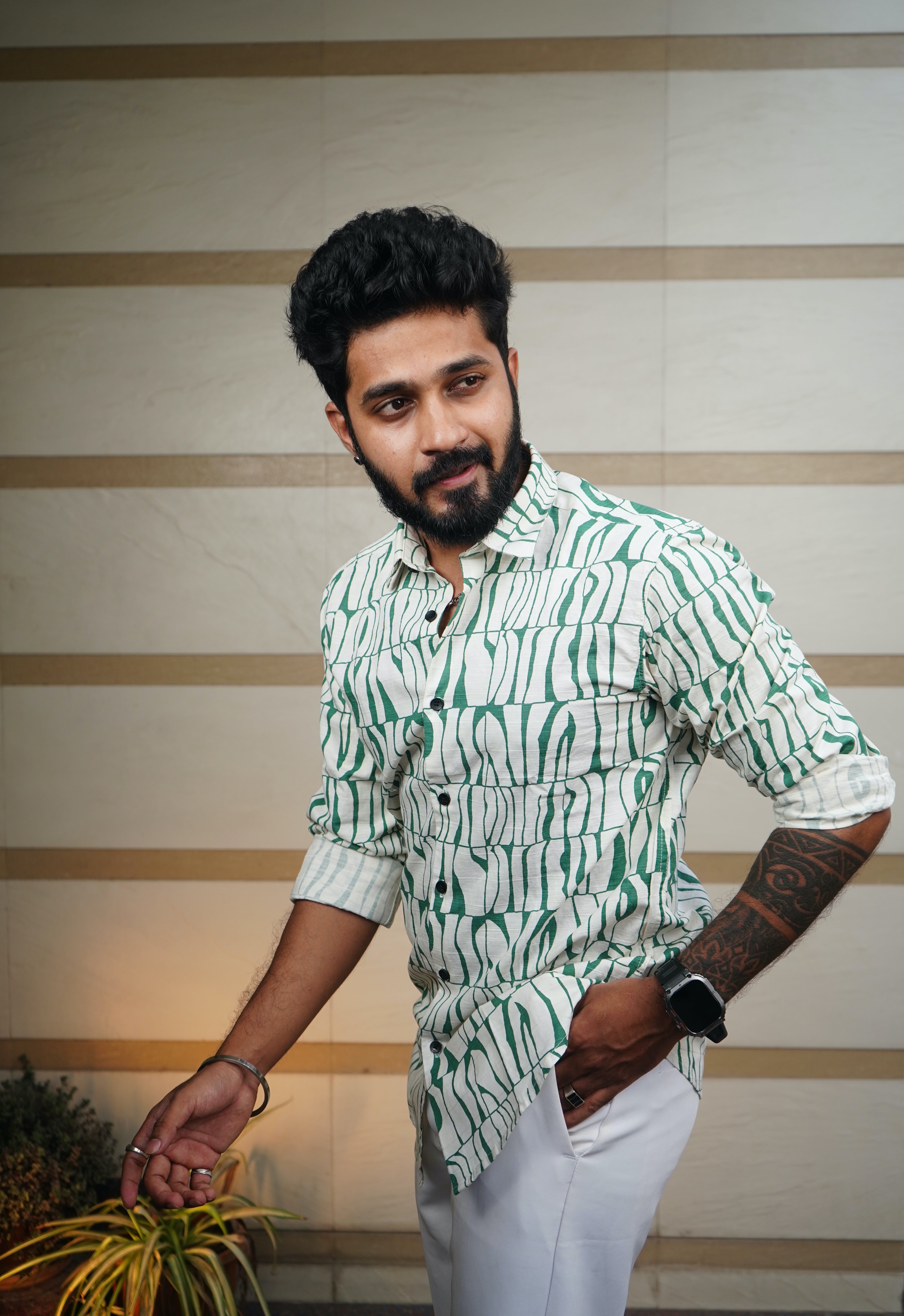 Emerald Green Printed Linen Blend Shirt