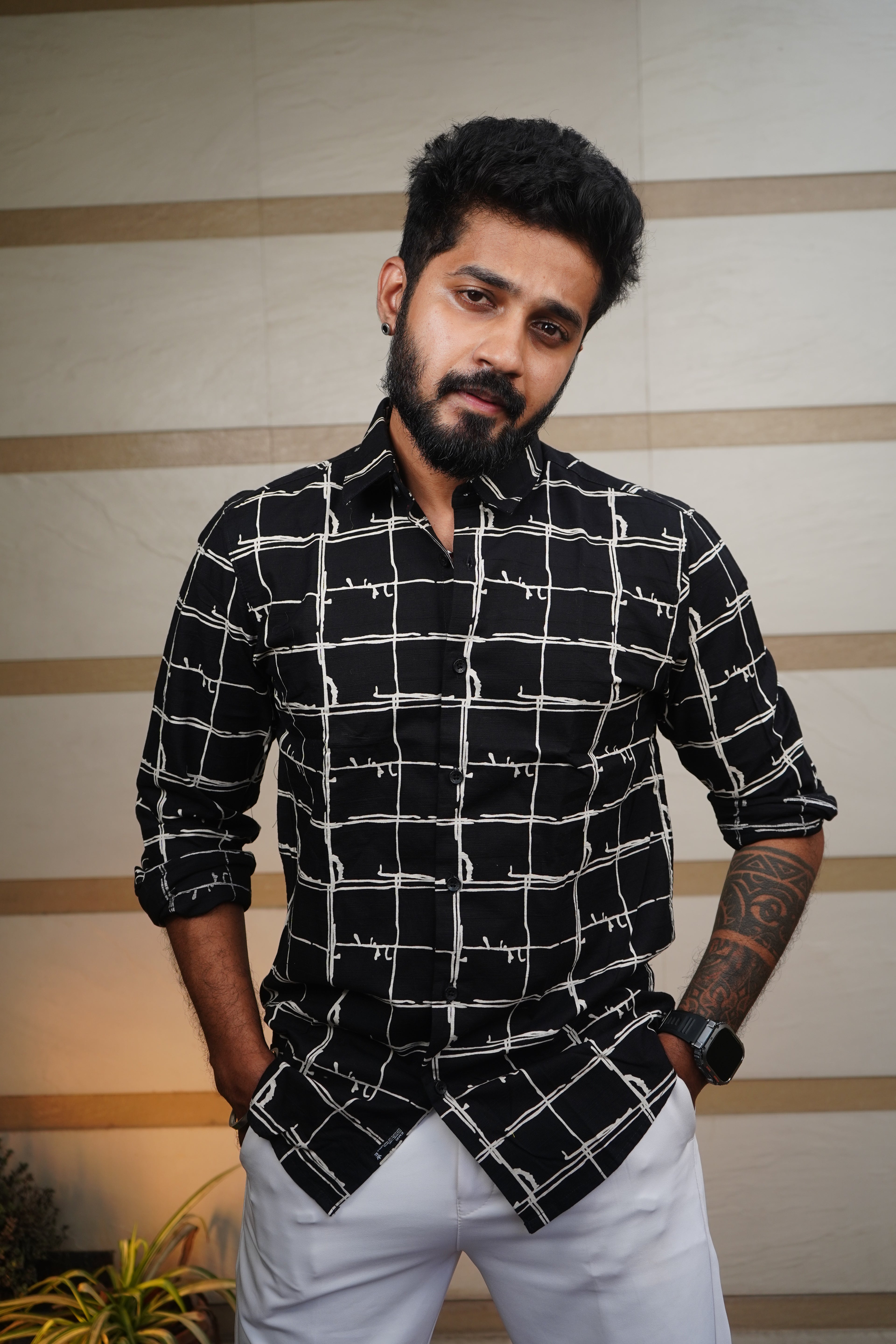 Noir Black Urban Grid Printed Linen Blend Shirt