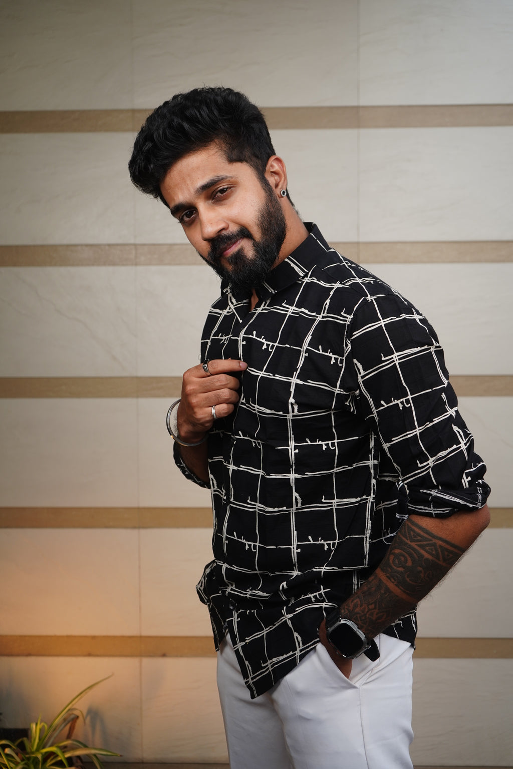 Noir Black Urban Grid Printed Linen Blend Shirt
