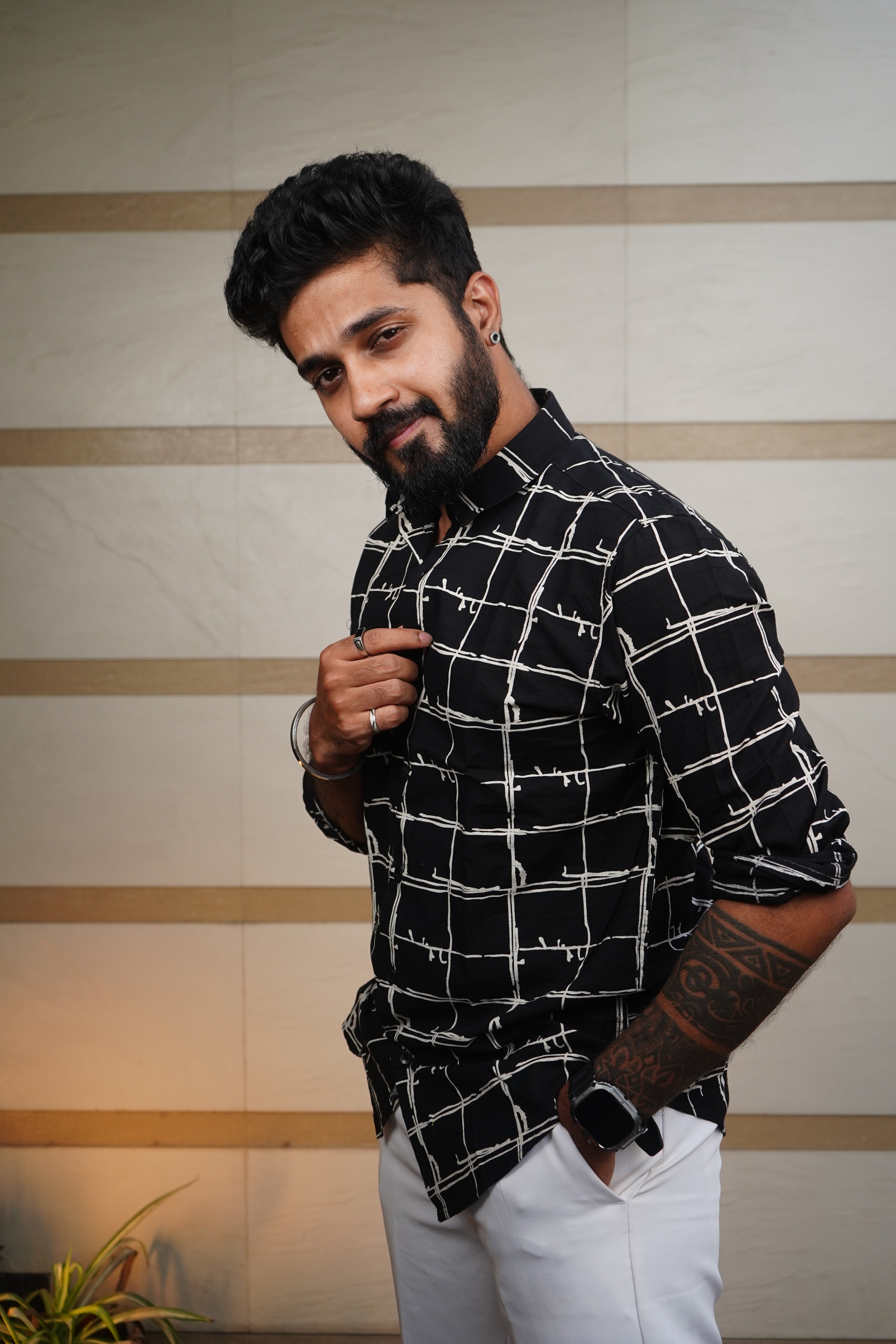 Noir Black Urban Grid Printed Linen Blend Shirt