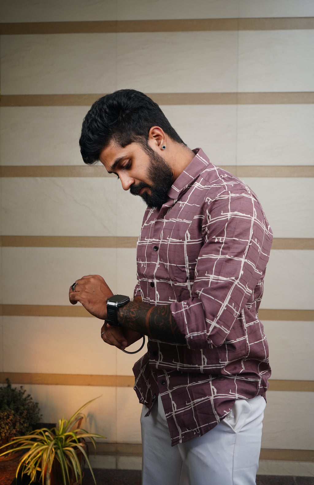 Mauvewood Urban Grid Printed Linen Blend Shirt