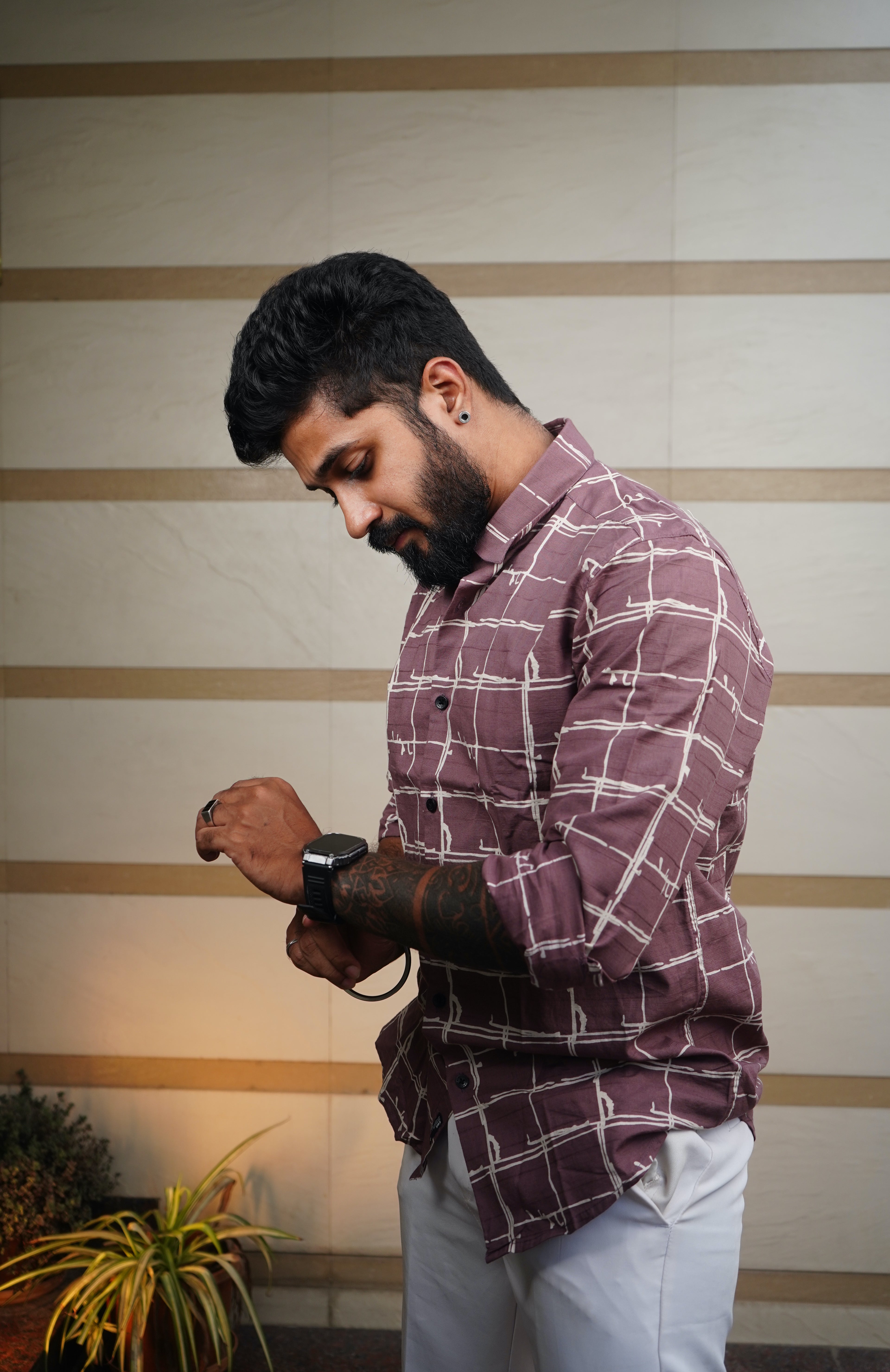 Mauvewood Urban Grid Printed Linen Blend Shirt