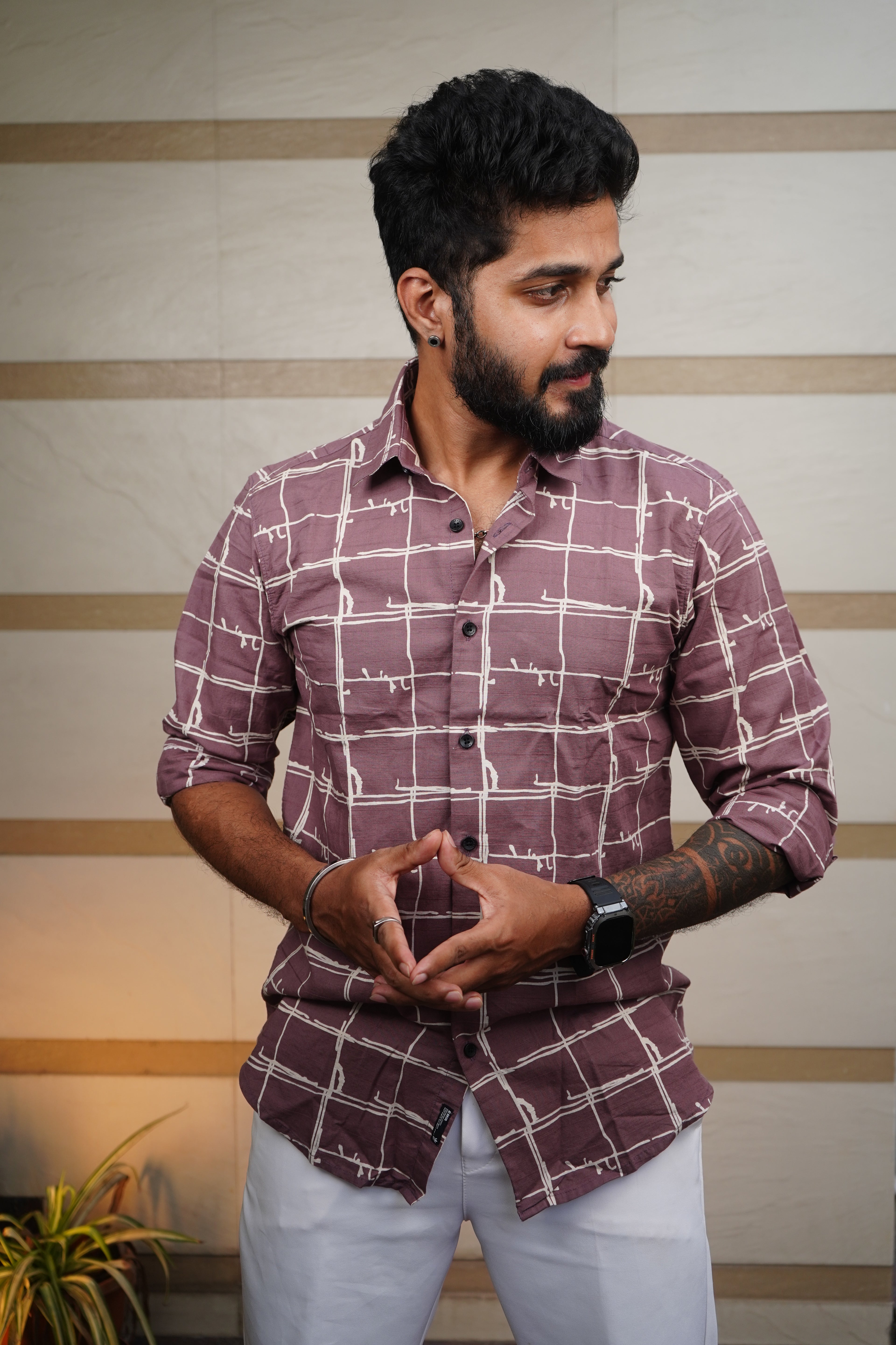 Mauvewood Urban Grid Printed Linen Blend Shirt