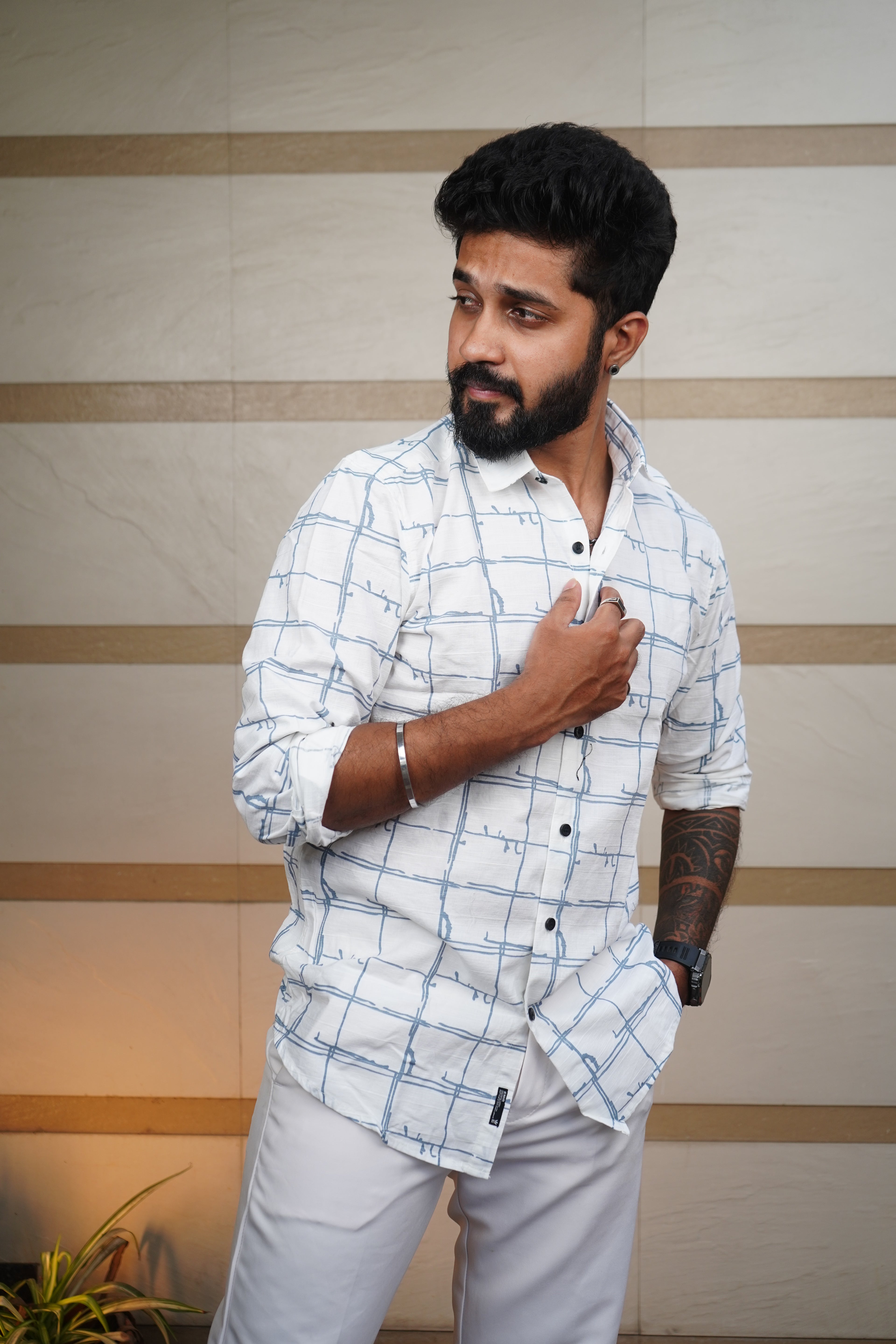 Skyline Urban Grid Printed Linen Blend Shirt