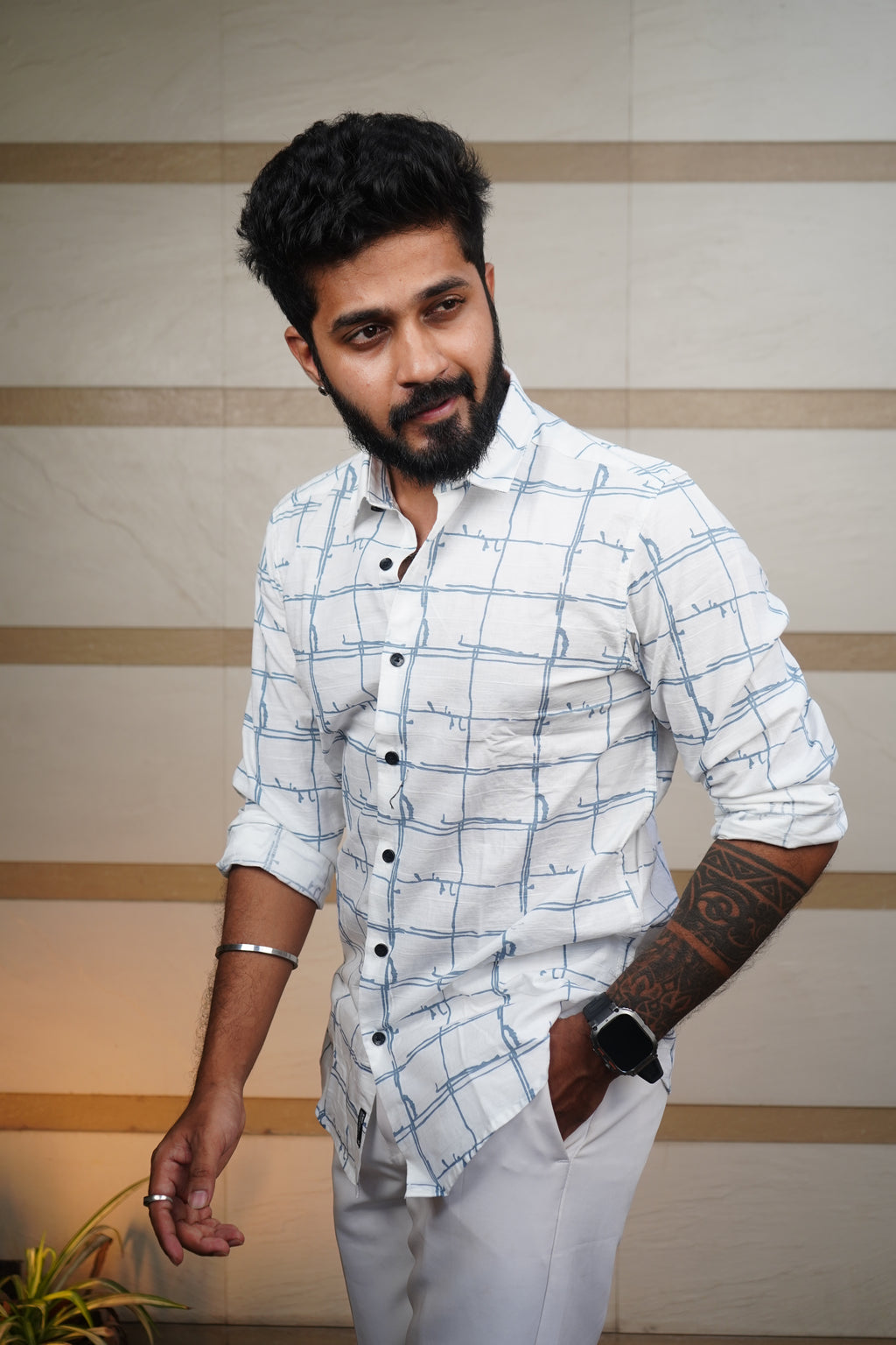 Skyline Urban Grid Printed Linen Blend Shirt
