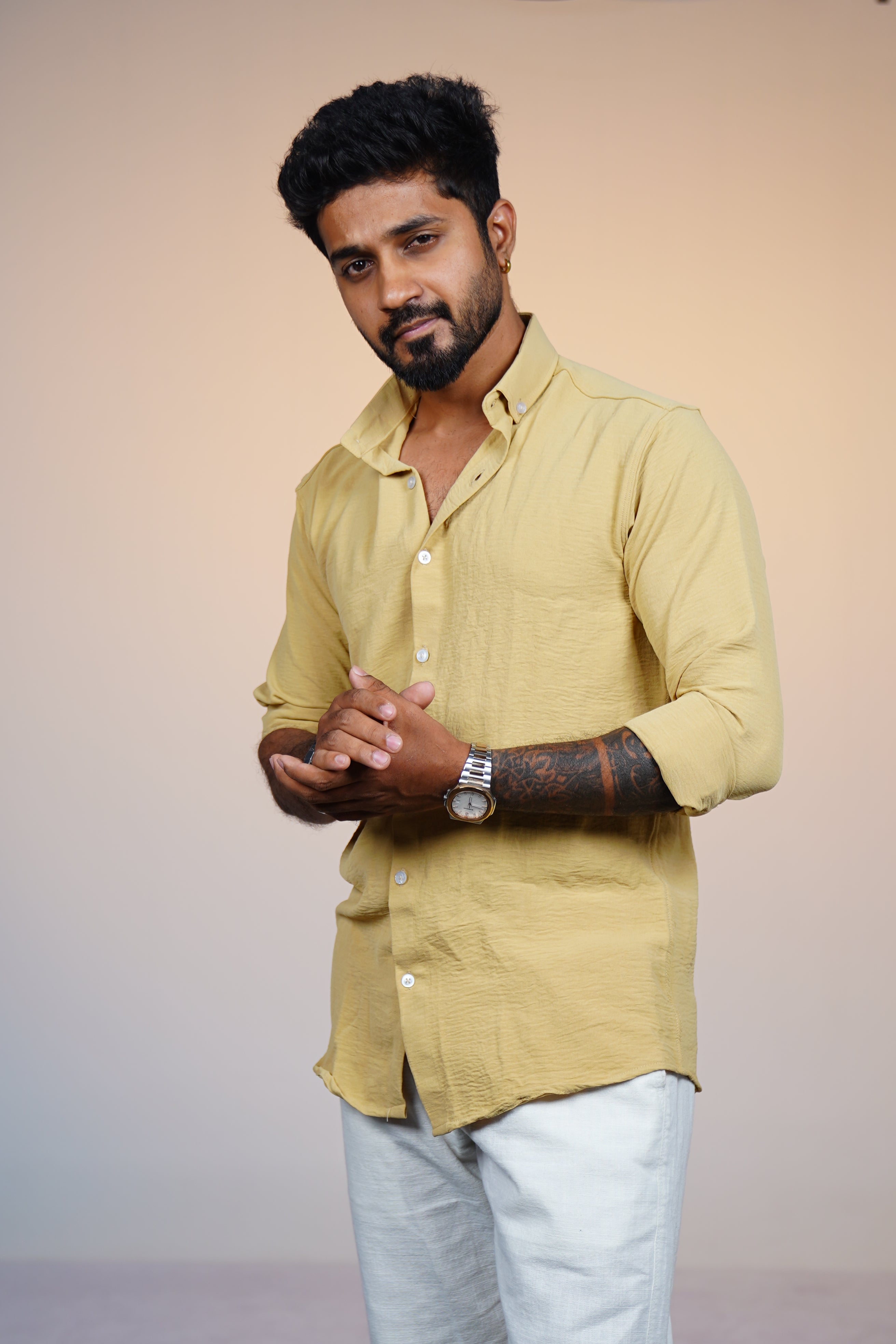 Camel Beige Crushed Linen Blend Shirt