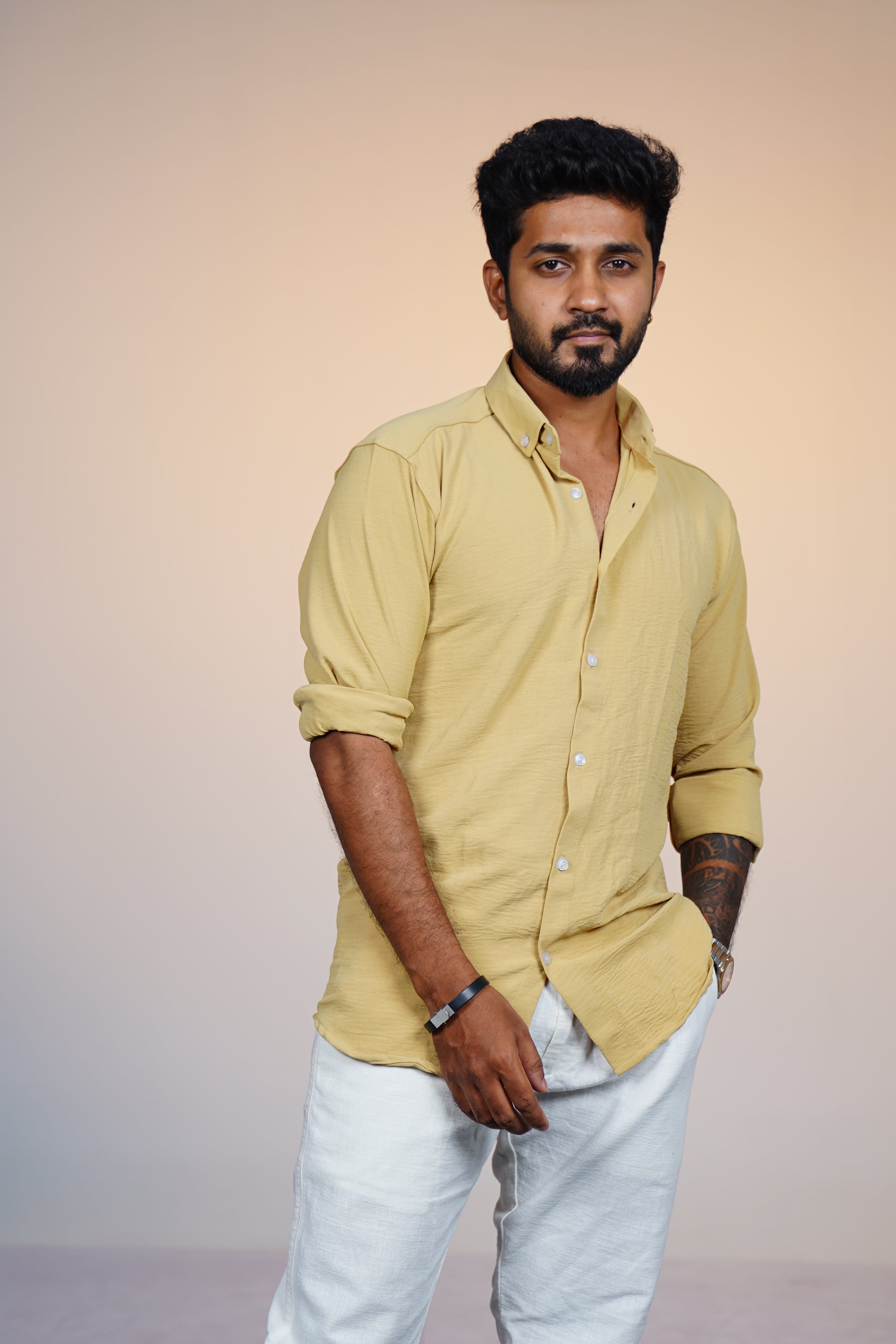 Camel Beige Crushed Linen Blend Shirt