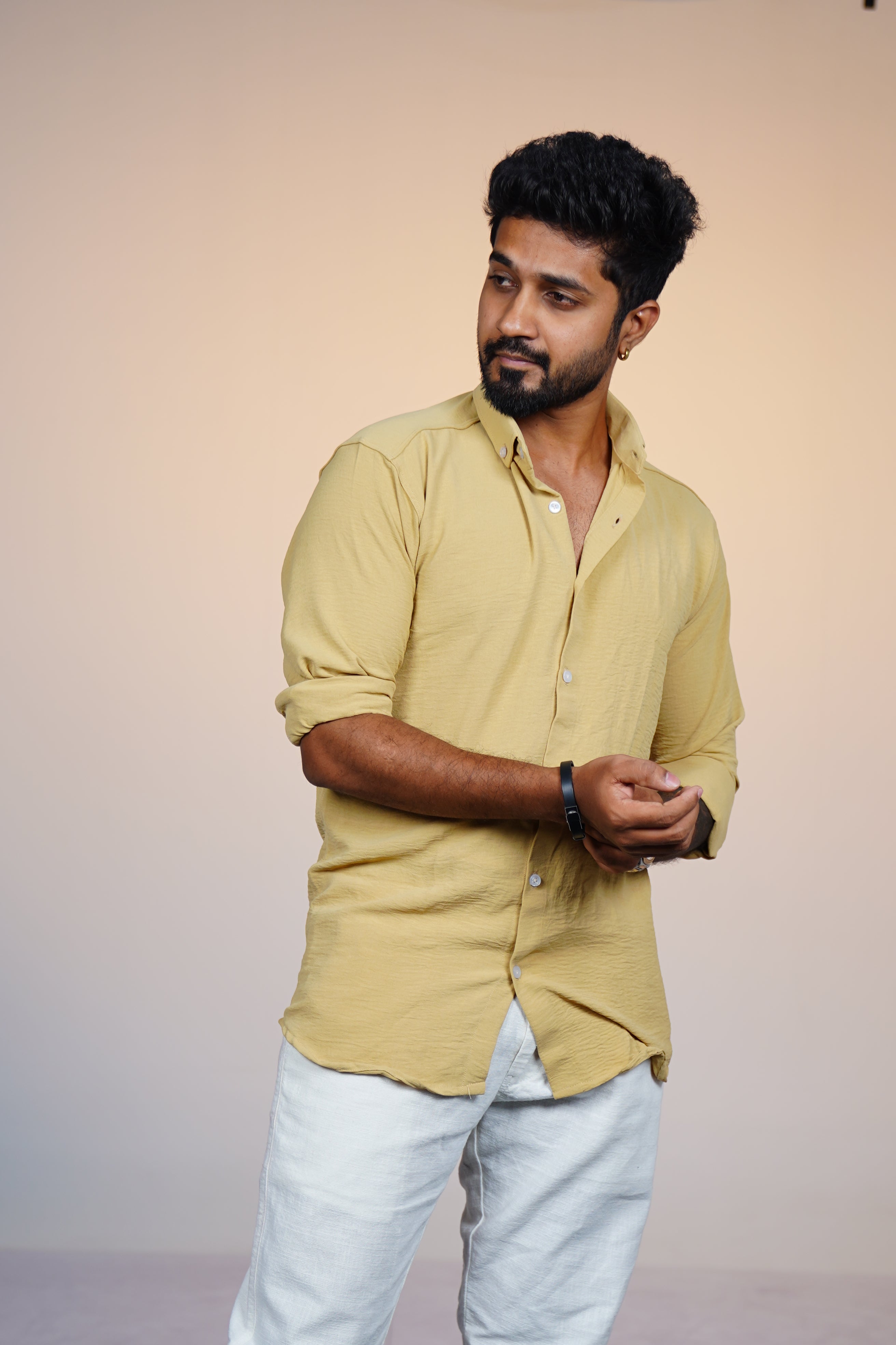 Camel Beige Crushed Linen Blend Shirt