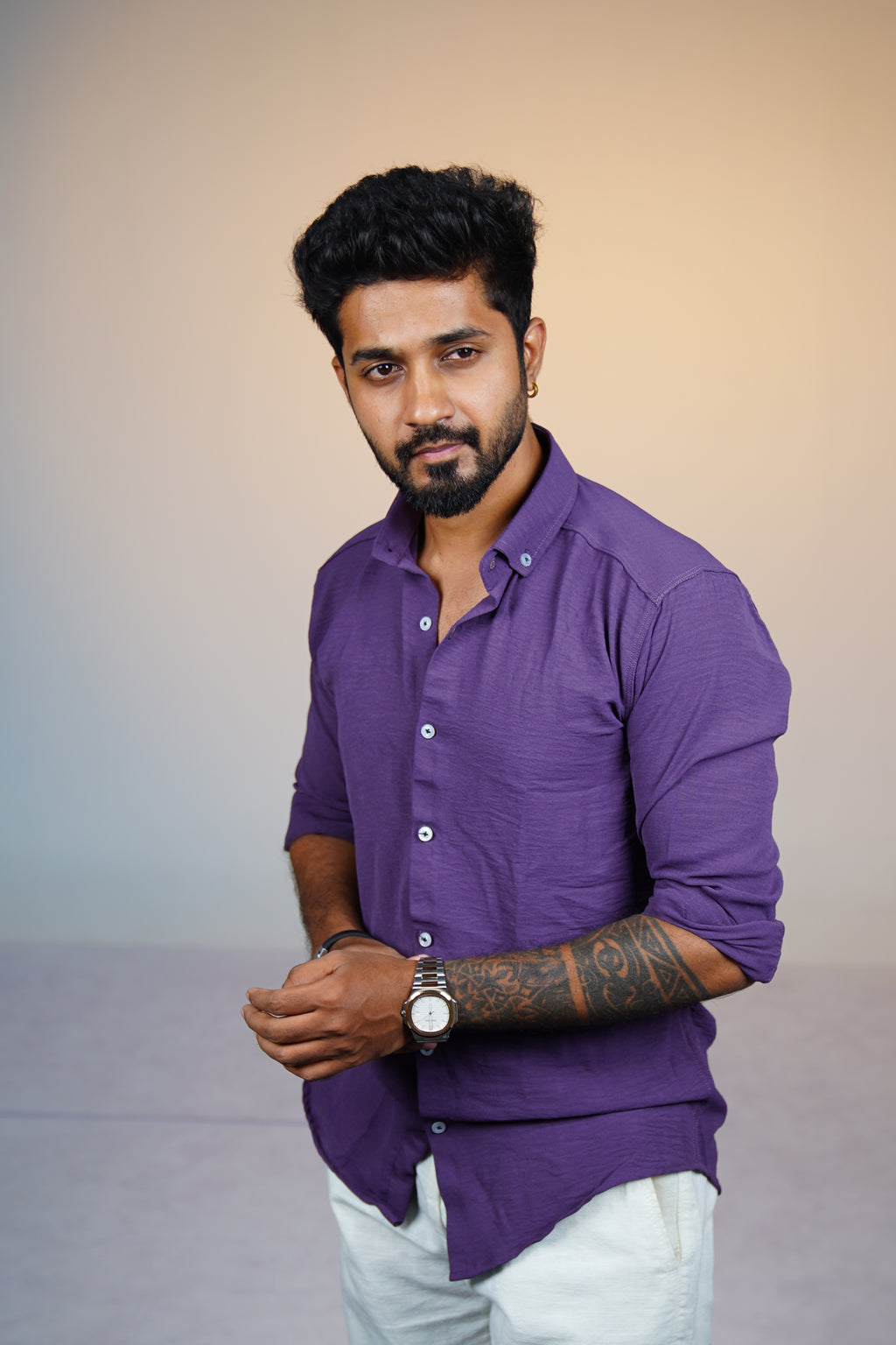 Orchid Violet Crushed Linen Blend Shirt
