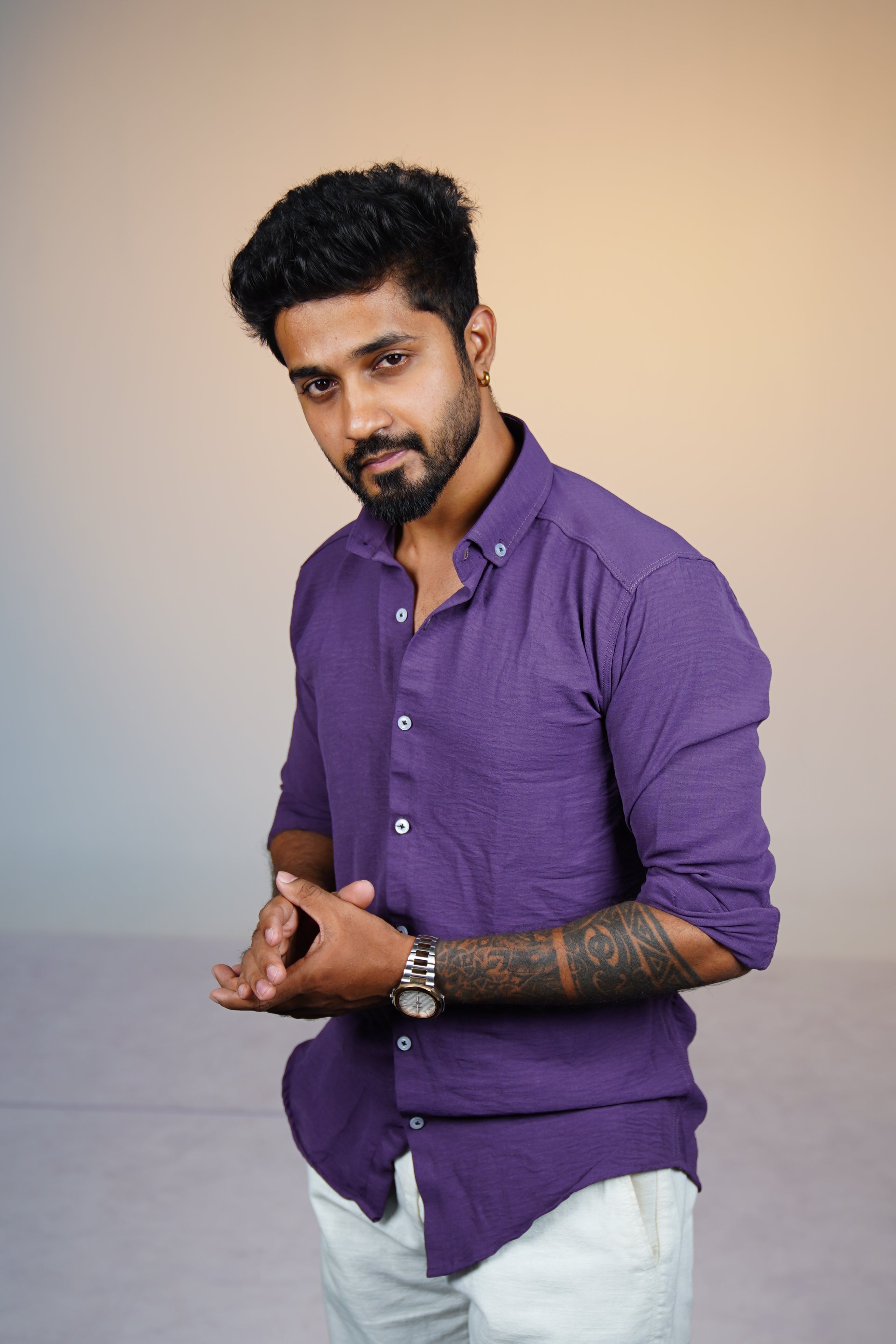 Orchid Violet Crushed Linen Blend Shirt