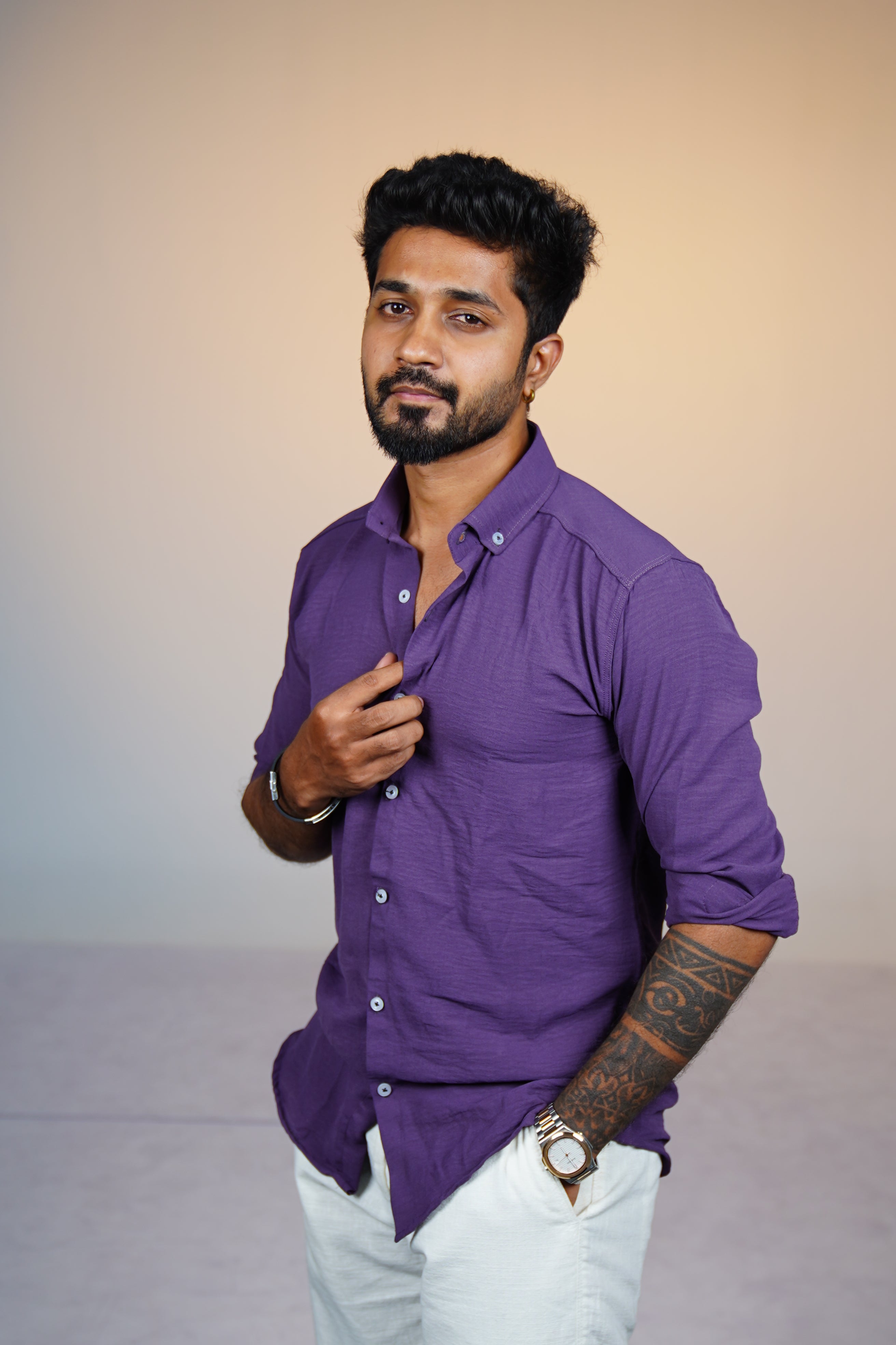 Orchid Violet Crushed Linen Blend Shirt