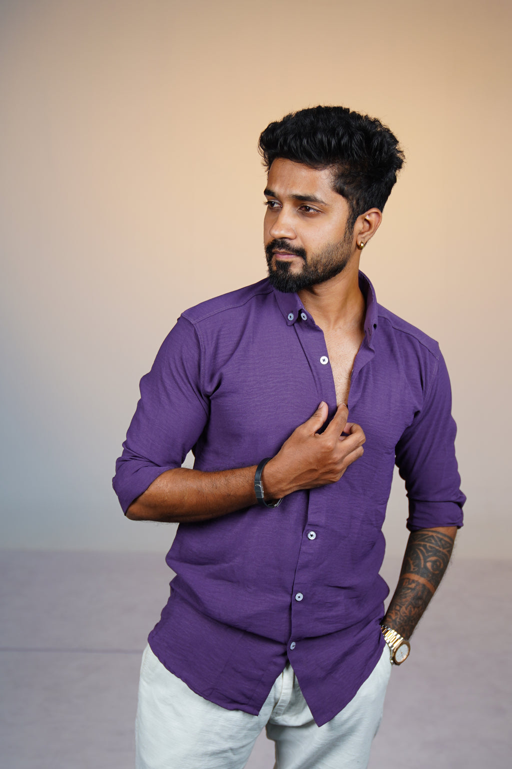 Orchid Violet Crushed Linen Blend Shirt