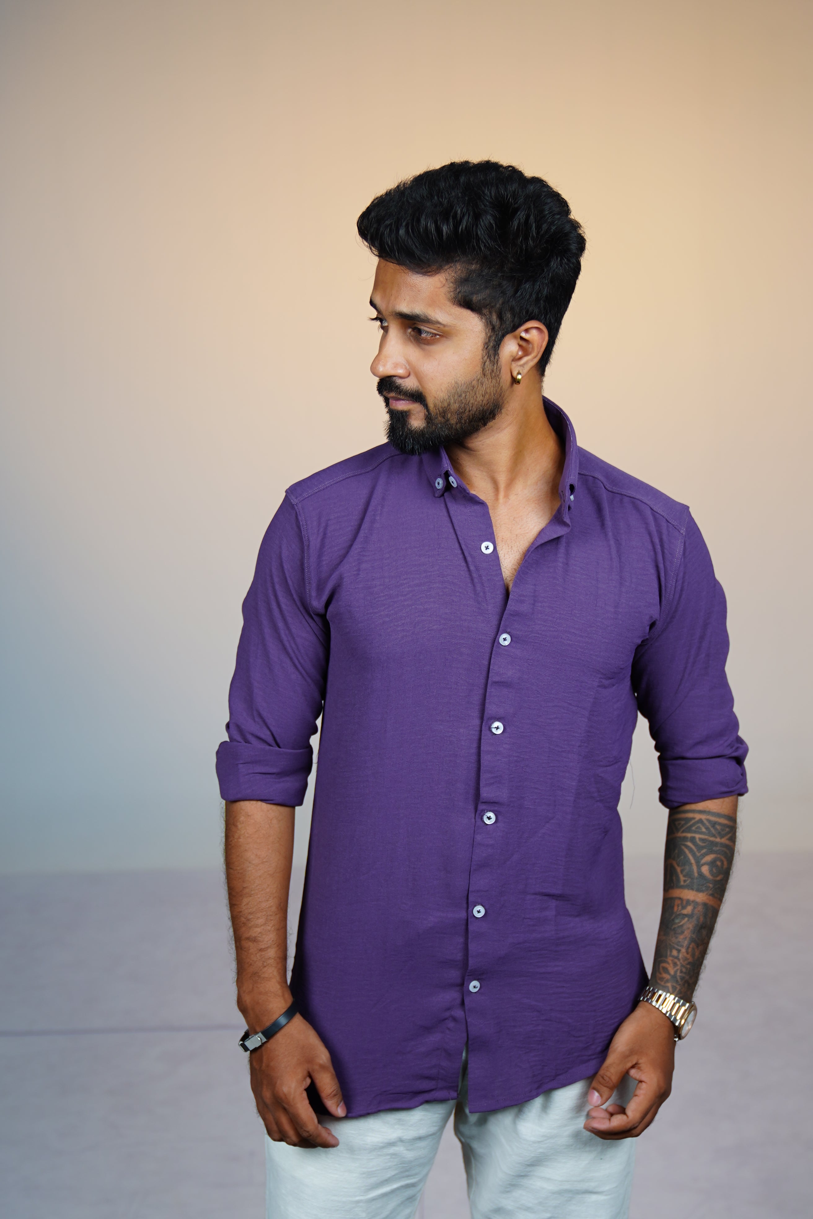 Orchid Violet Crushed Linen Blend Shirt