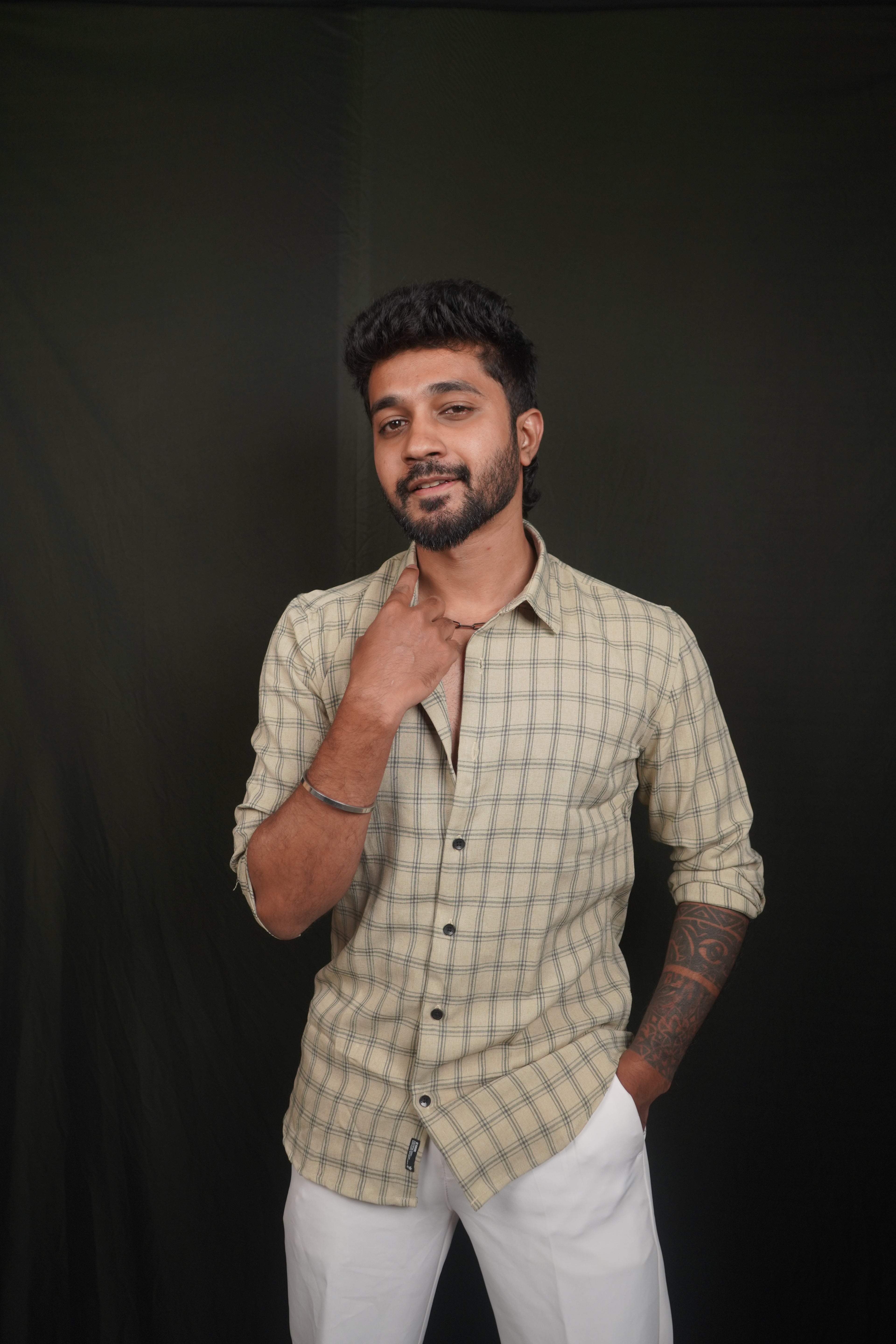 Beige Checked Linen Blend Shirt