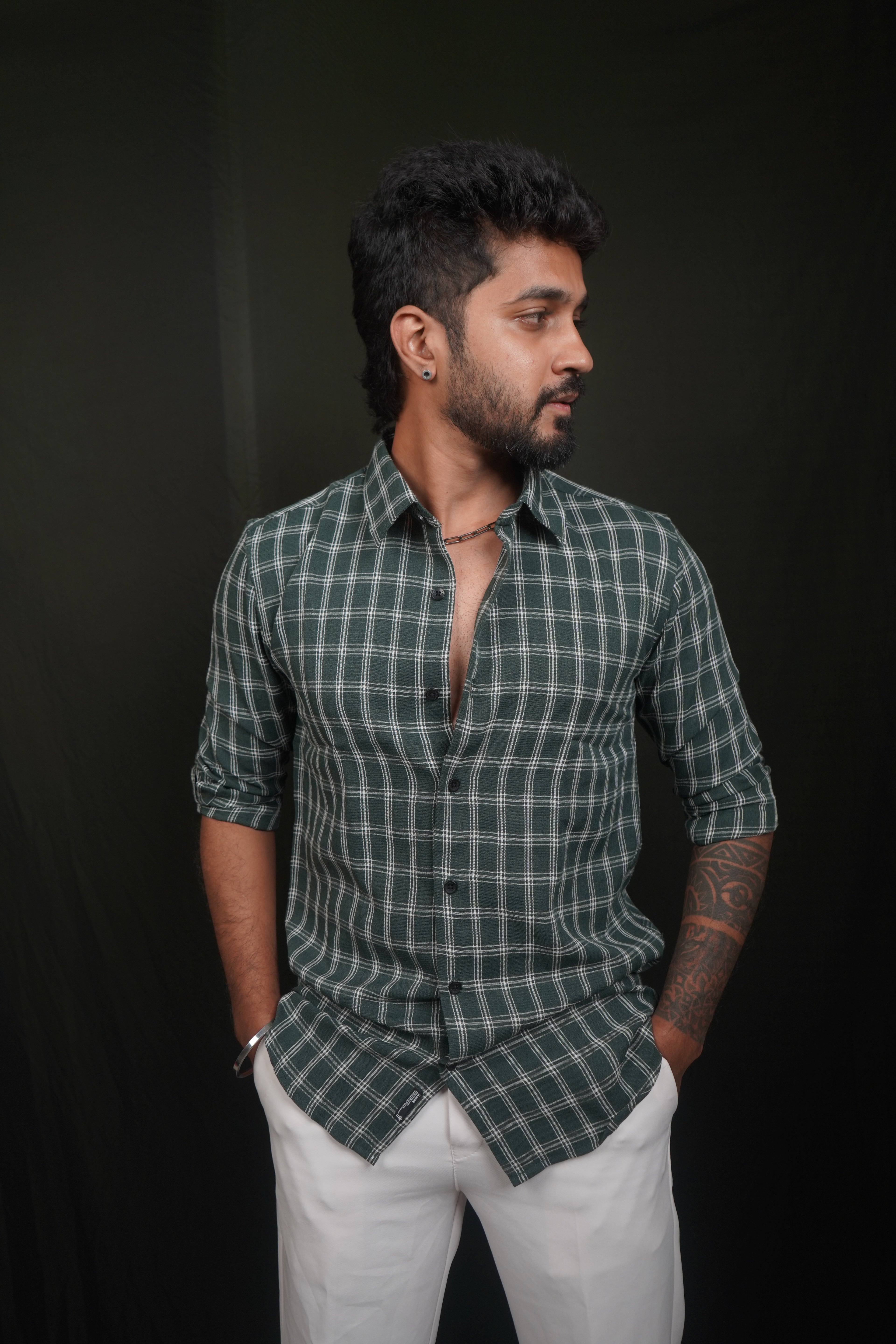 Green Checked Linen Blend Shirt