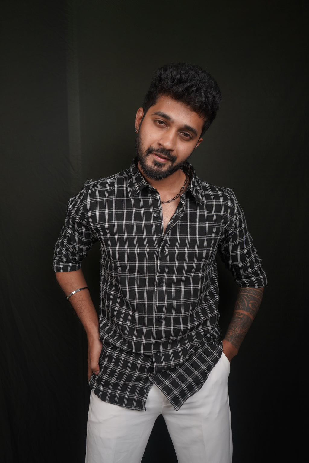 Black Checked Linen Blend Shirt