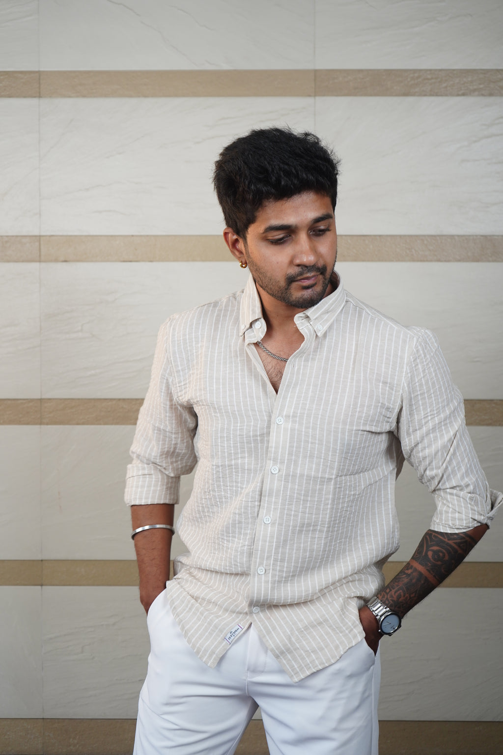 Beige Old Money Pin Stripe Shirt