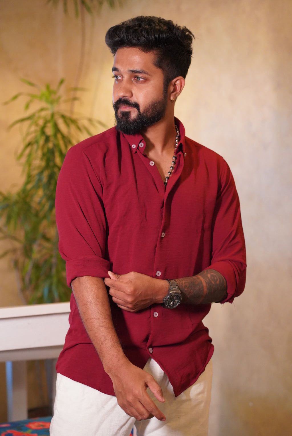 Vintage Maroon Crushed Linen Blend Shirt