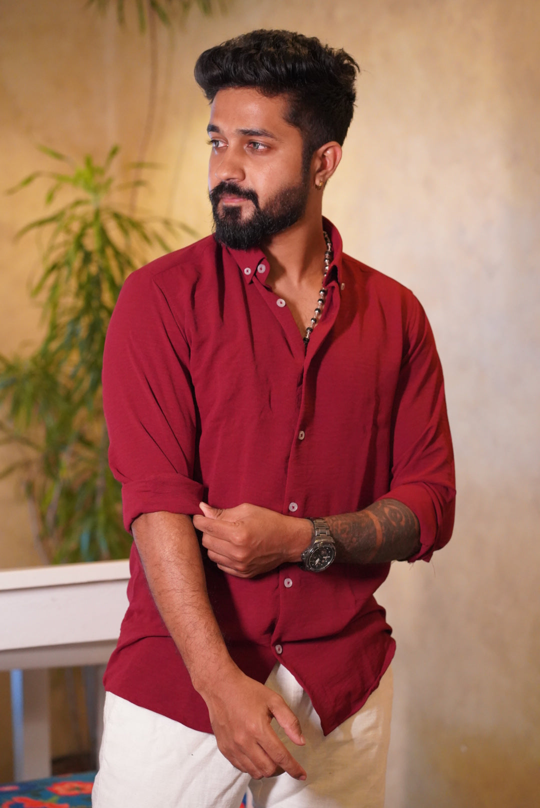 Vintage Maroon Crushed Linen Blend Shirt