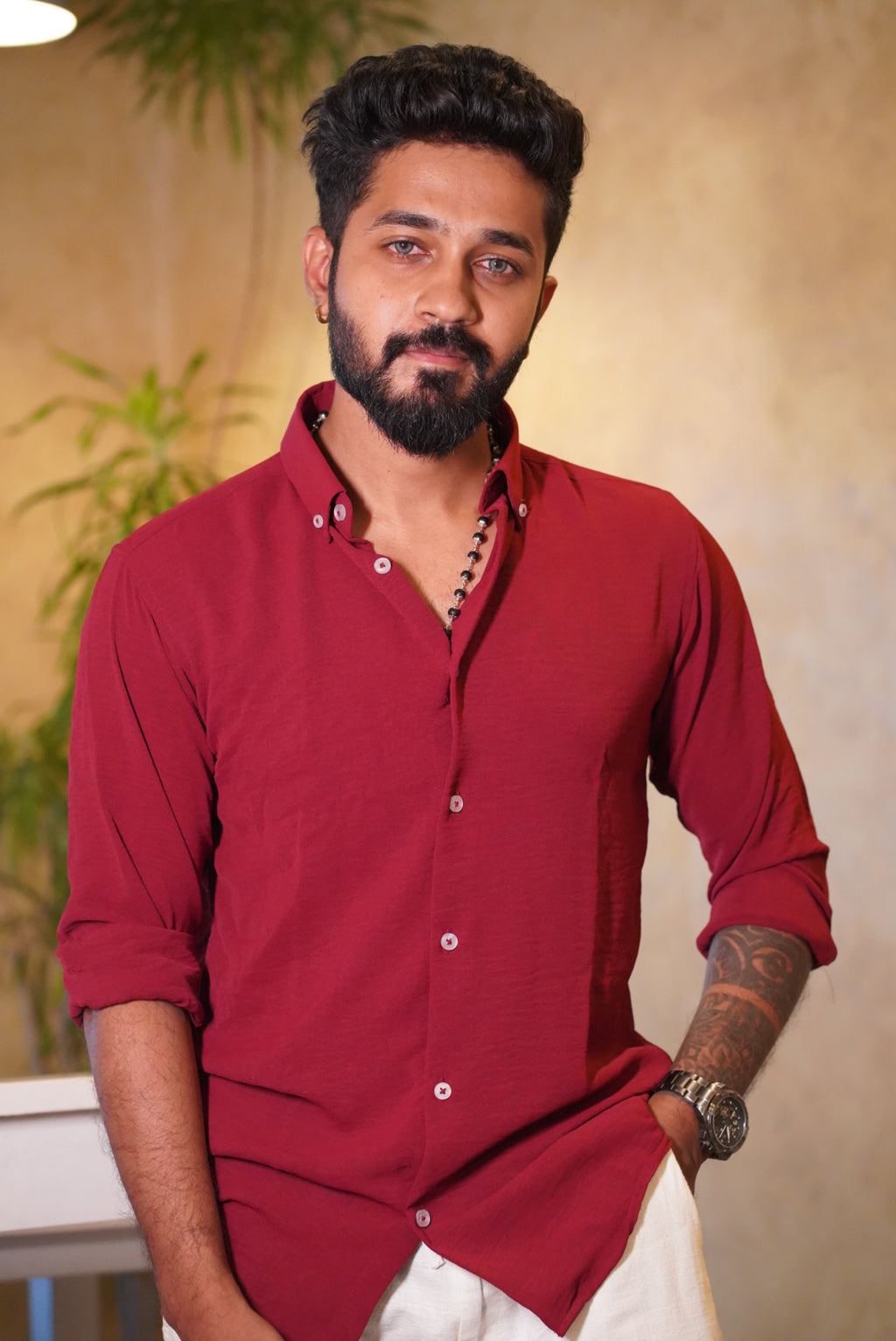 Vintage Maroon Crushed Linen Blend Shirt