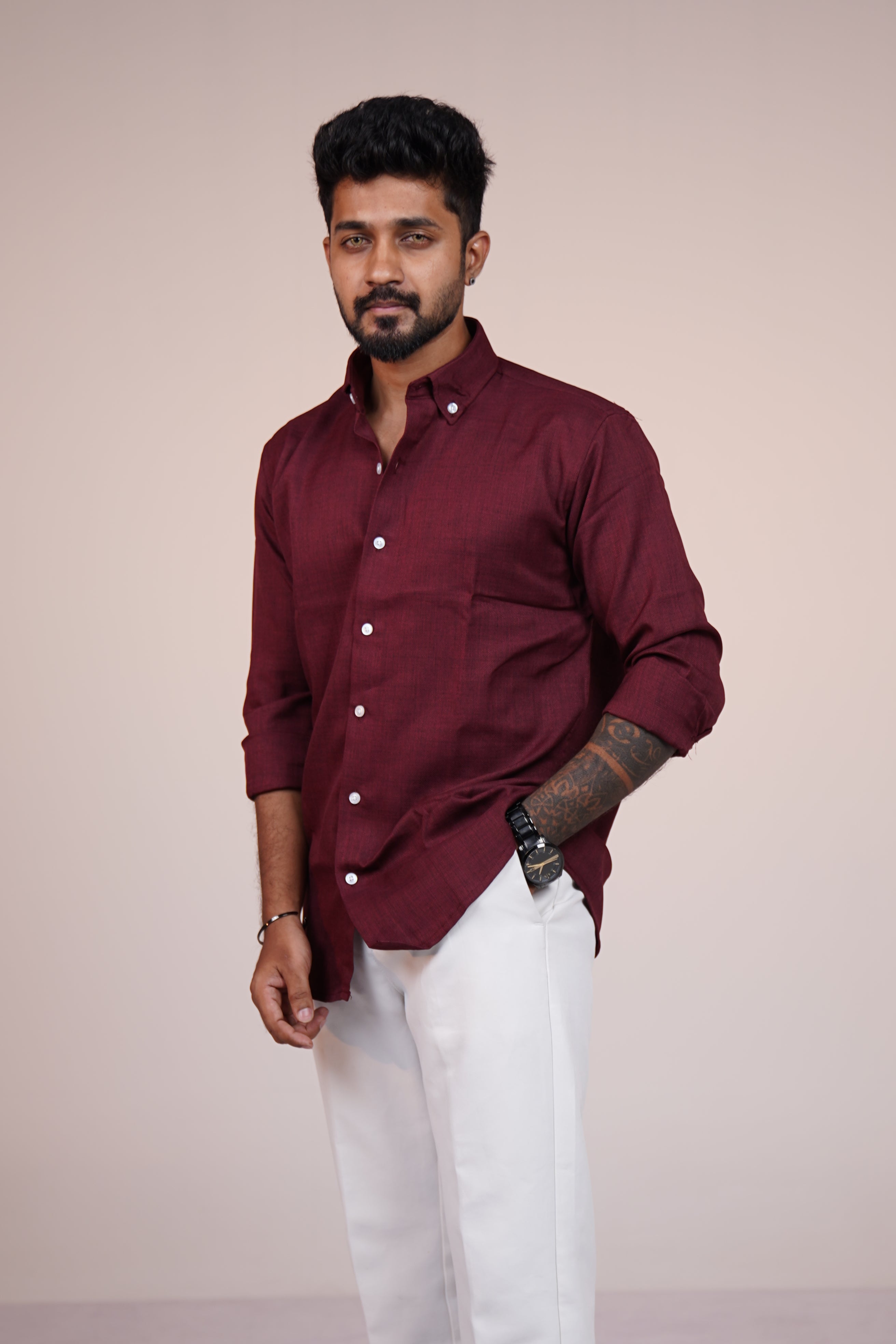 Wine Red Heritage Linen Blend Shirt