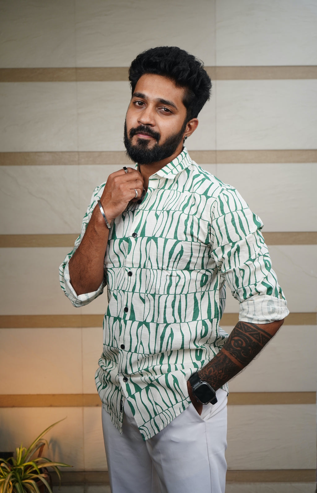 Emerald Green Printed Linen Blend Shirt