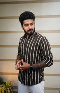 Espresso Brown Stich Stripe Printed Linen Blend Shirt