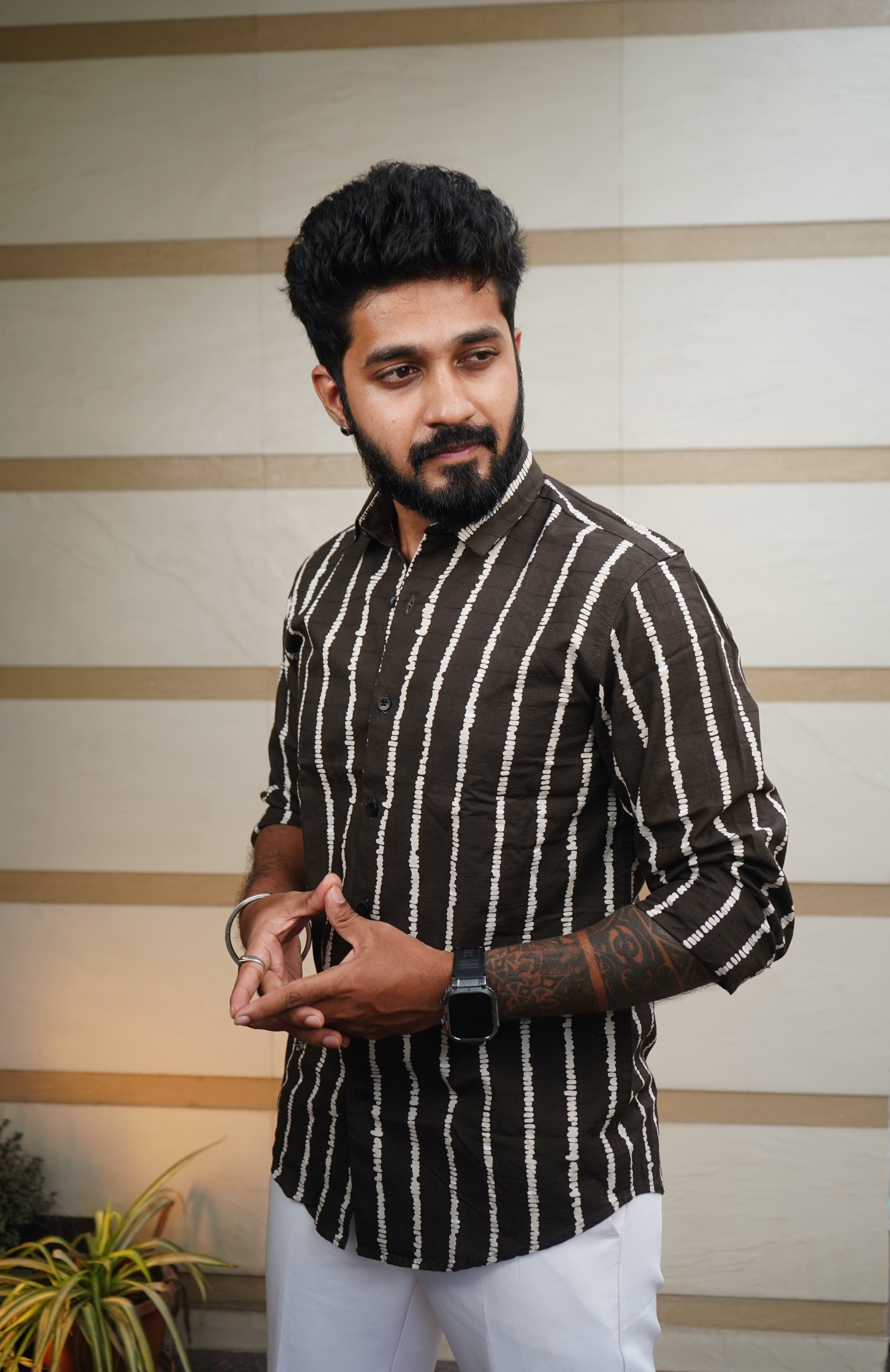 Espresso Brown Stich Stripe Printed Linen Blend Shirt