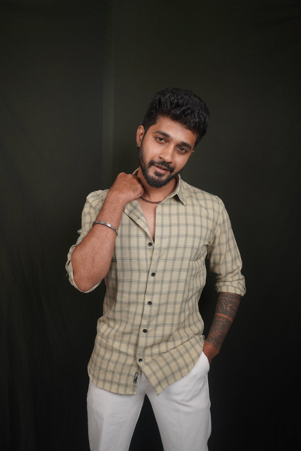 Beige Checked Linen Blend Shirt