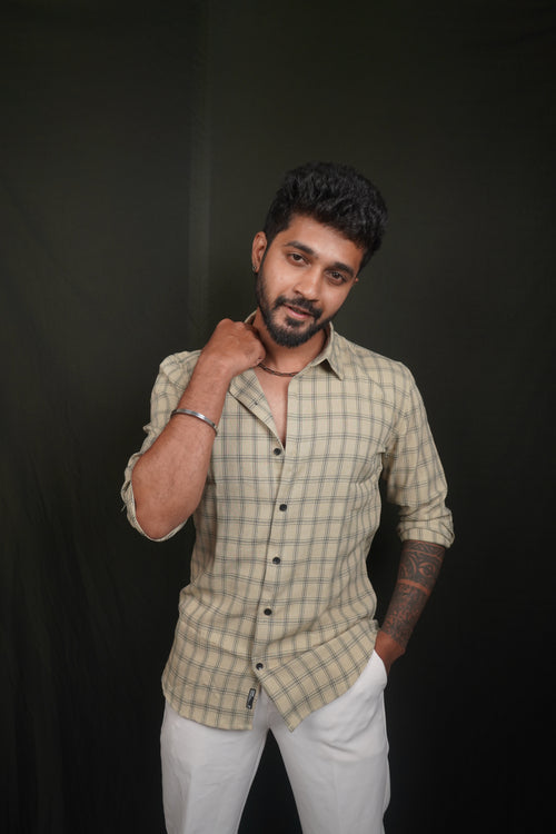 Beige Checked Linen Blend Shirt