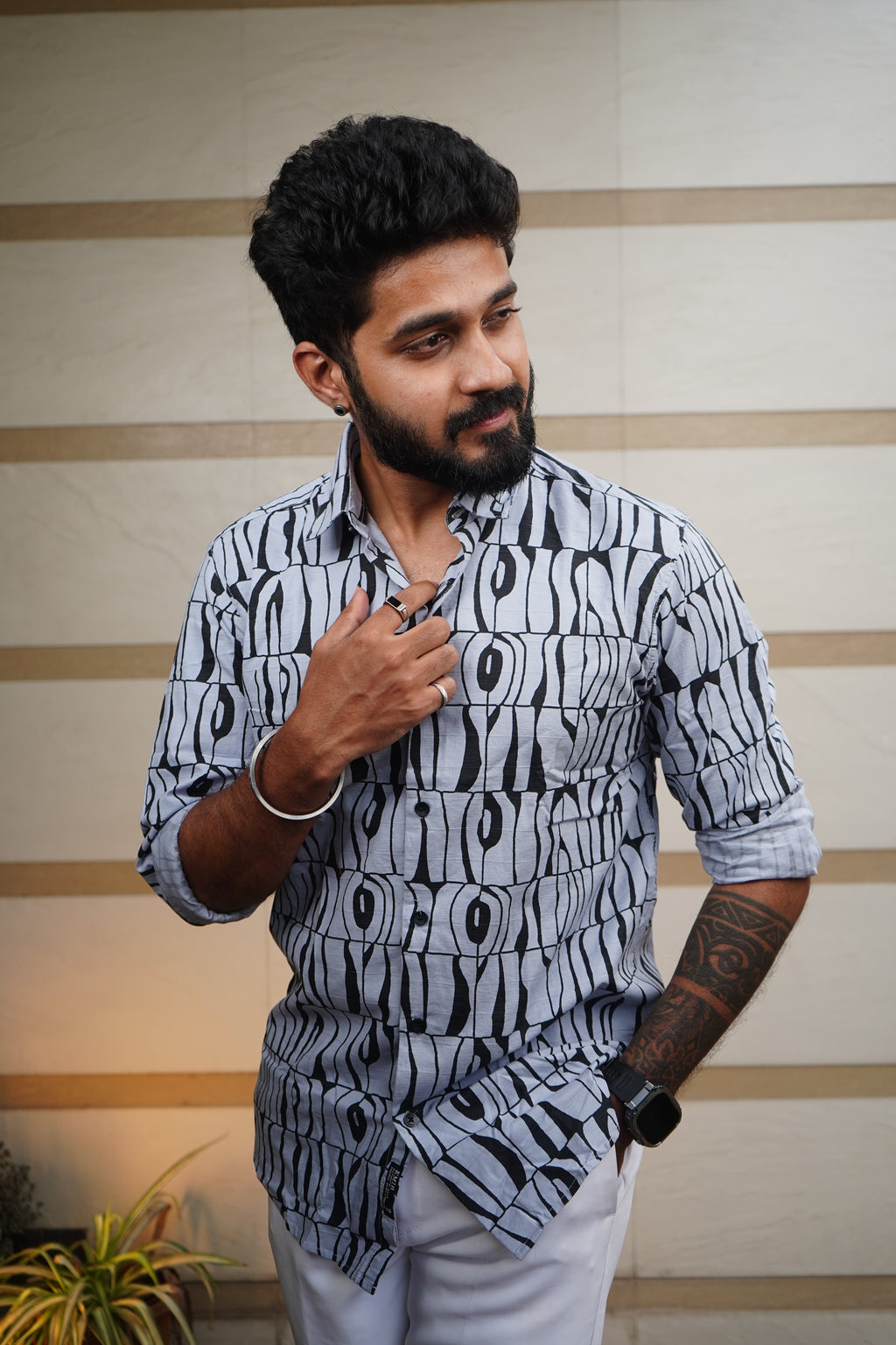 Frosted Blue Printed Linen Blend Shirt