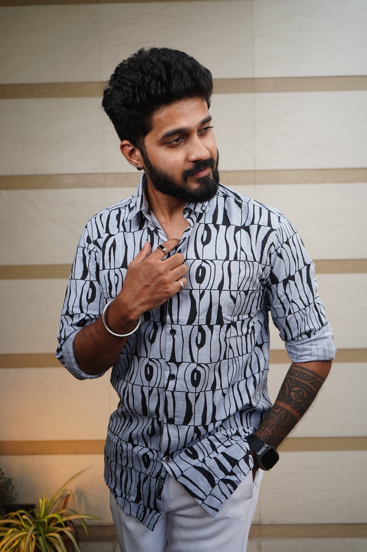 Frosted Blue Printed Linen Blend Shirt