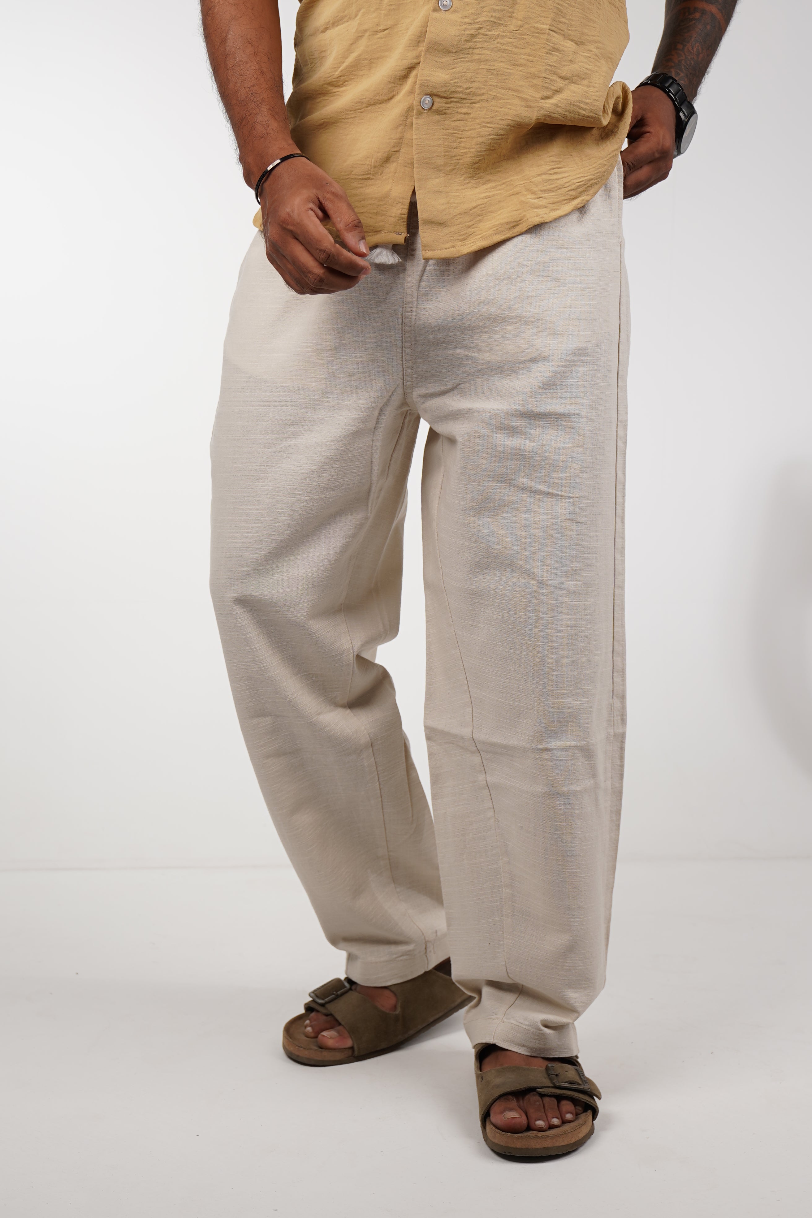 Beige Classic Linen Blend Pants